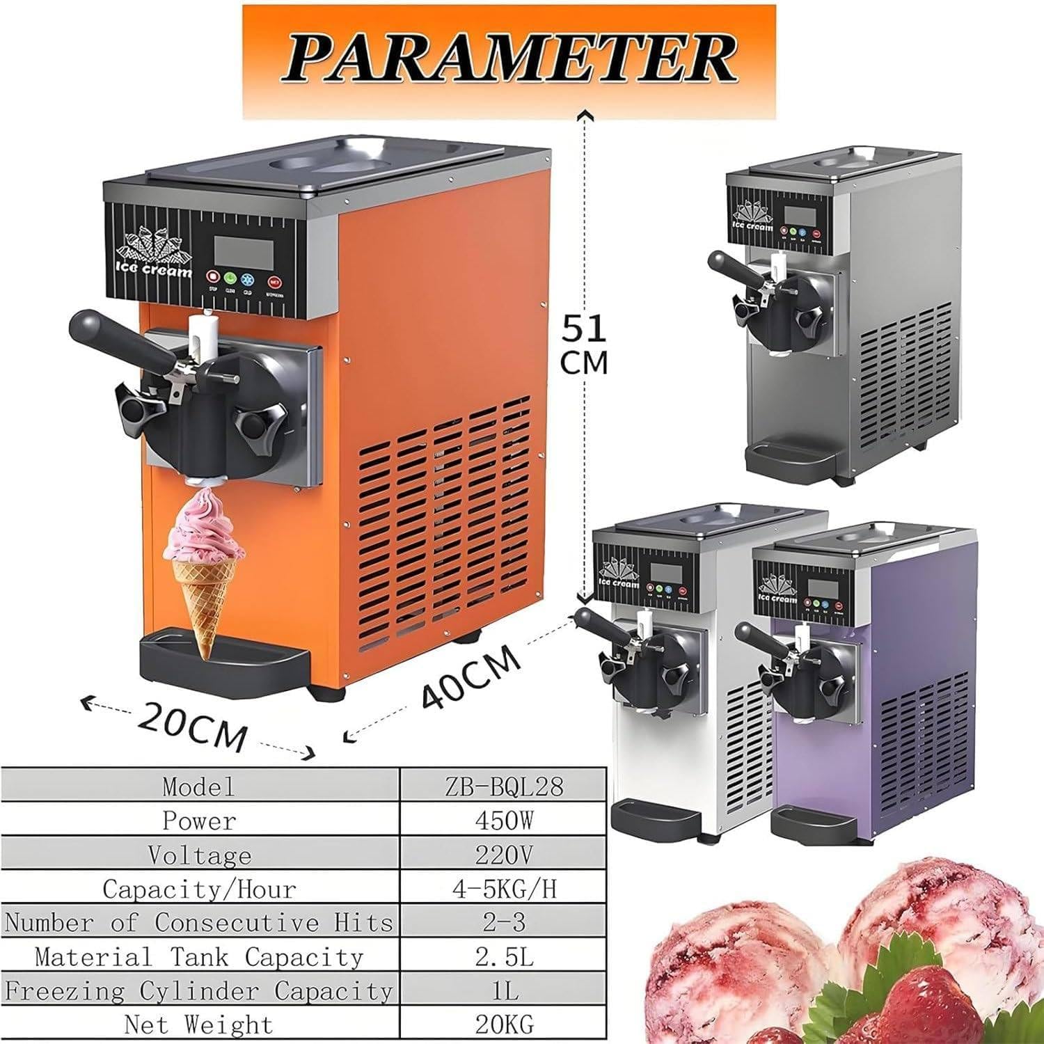 Machine à Glace Italienne Professionnelle 450 W, Machine à Glace Italienne avec pré-Refroidissement, Nettoyage Automatique, écran LCD,pour Restaurants,boutiques,Snacks,Mono-Parfum Orange