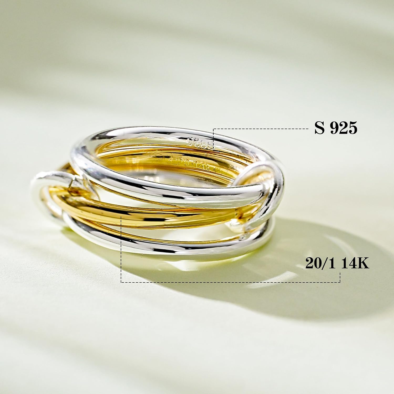 S925 Sterling Silver&14K Plated Gold Stackable Rings, 3 Women's Stacking Ring, Multi-Link Connected, Interlocking Band for men/girlfriend, Statement Stacked, Hypoallergenic,Durable Non Tarnish rings
