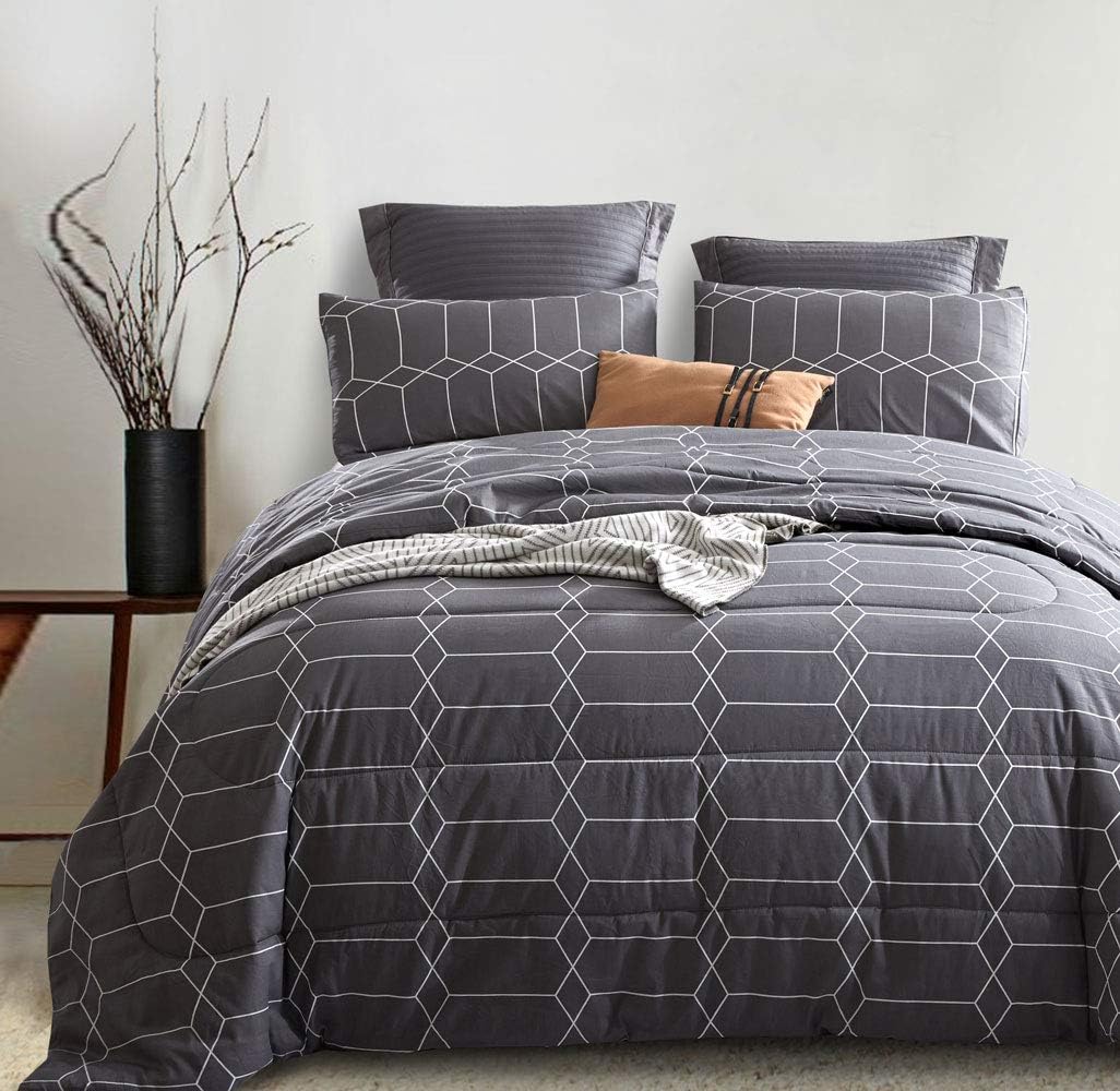 ATsense Comforter Set Queen, All Season 3-Piece 100% Cotton Fabric, Soft Microfiber Filled Bedding, Lightweight Reversible Duvet Insert (Charcoal Grey, SG004)