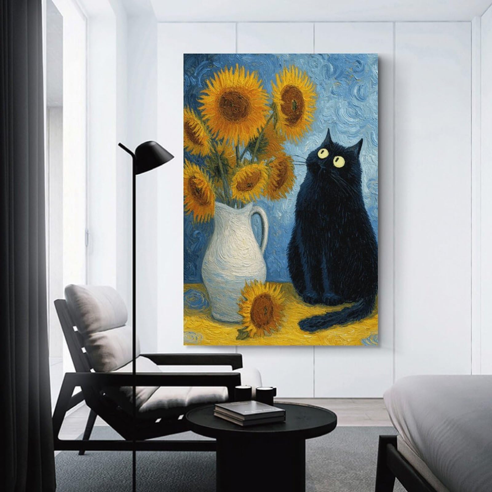 Junmoney Unframe-Style-3 Canvas Wall Art Vincent's Sunflowers With Black Cat, 20X30inch(50X75cm), For Bedroom, Lounge Or Dressing Area, Canvas Wall Decor For Personal Spaces