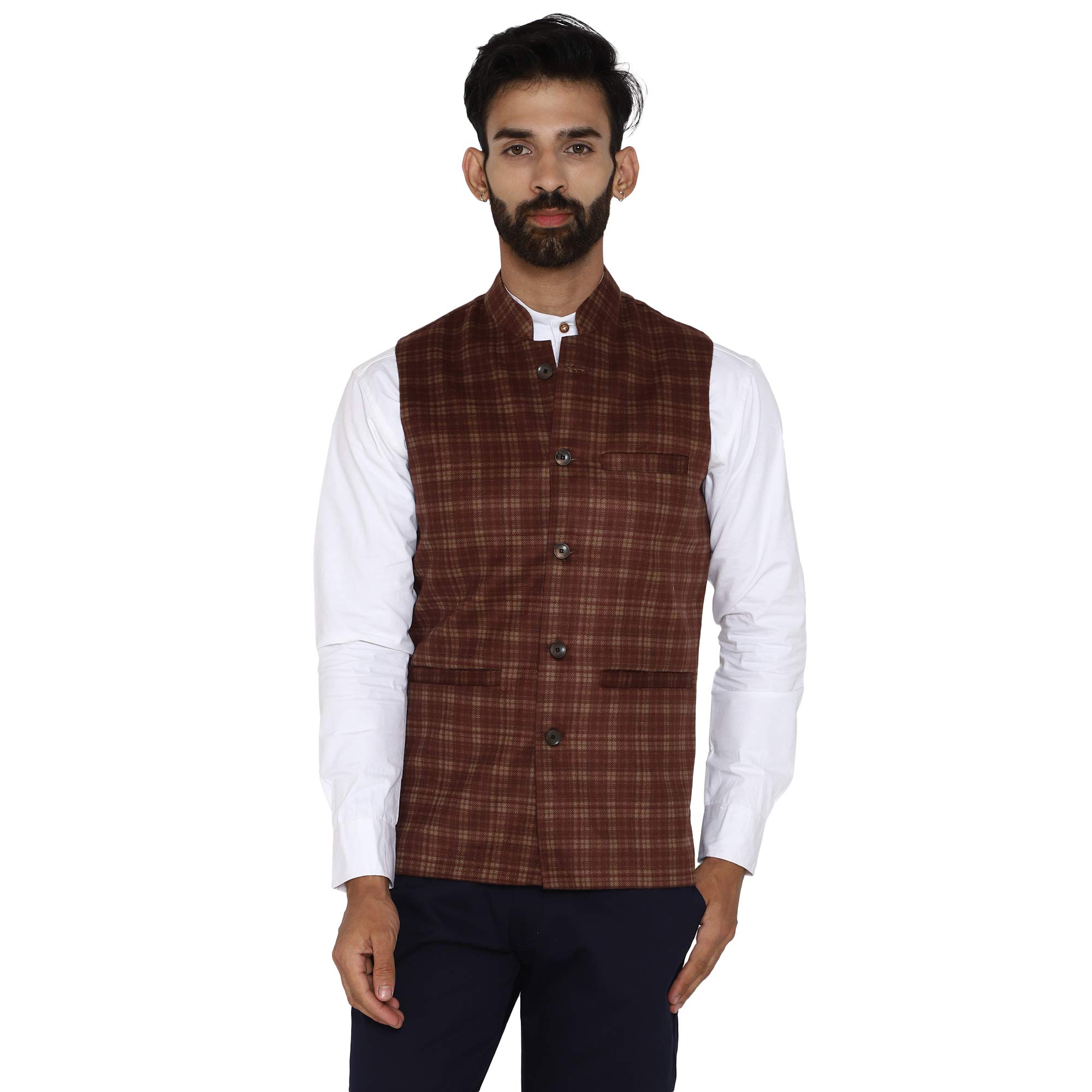 Men's Burgundy Blue Checkered Wool Bandhgala Ethnic Nehru Jacket-image-34