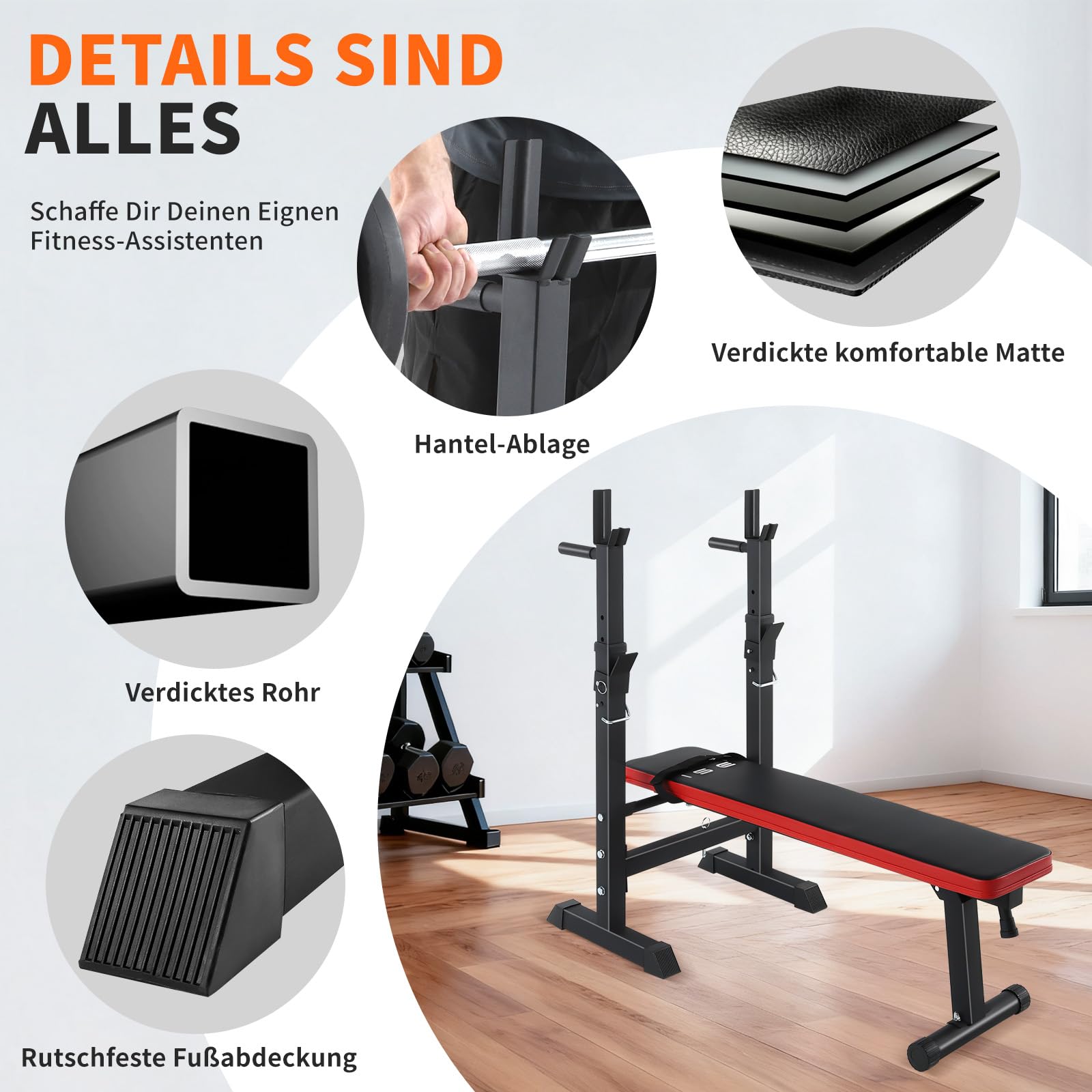 ISE Hantelbank, faltbar, verstellbar, mit Stangen, für Hanteln und Dips, Trainingsbänke, verstellbar, Rot / Schwarz 544-BK, Weiß / Schwarz, 544-WH