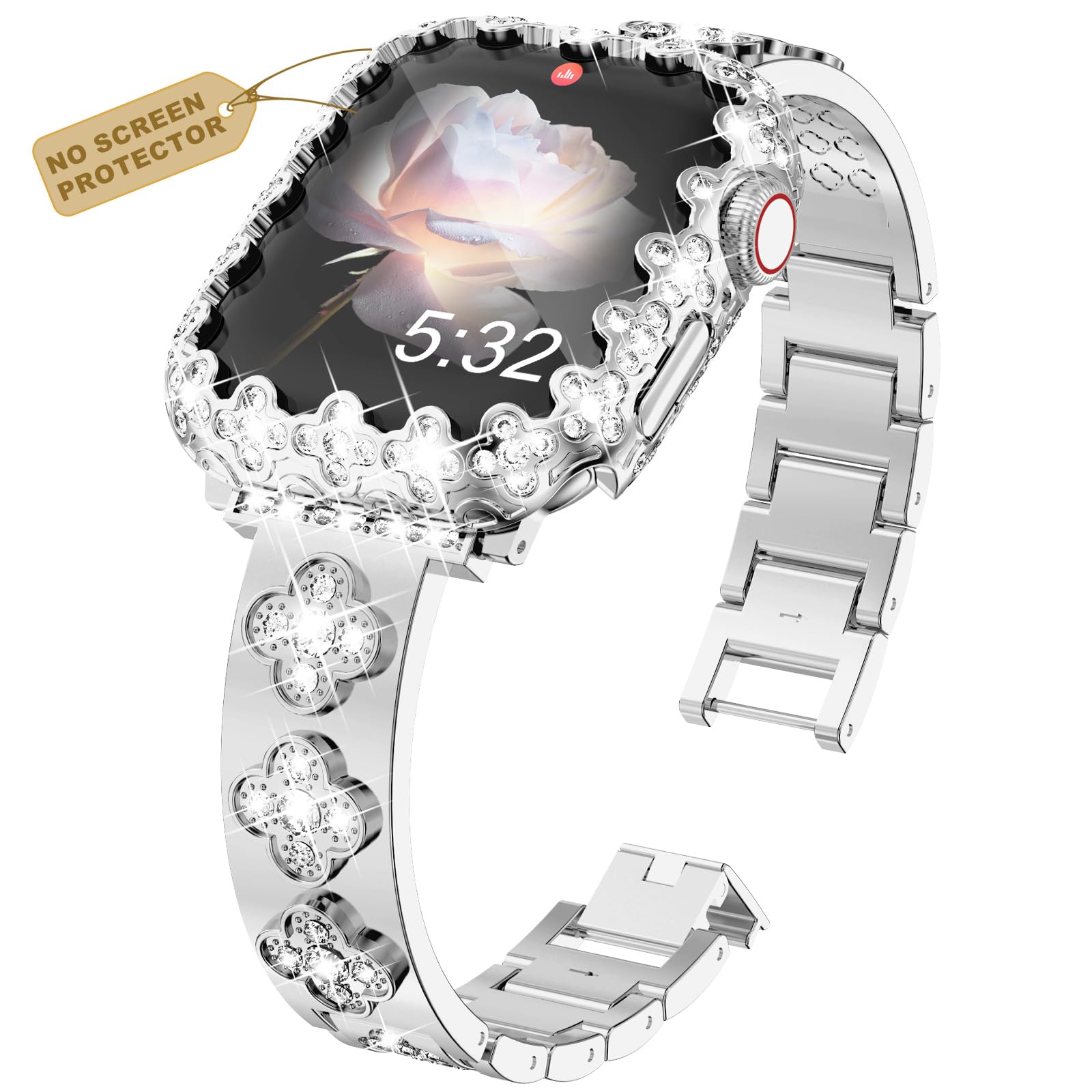 KADES Compatible with Apple Watch Series 11/10 46mm Band, Stainless Steel Band for Women Dressy Bracelet Wristband Four-Leaf Bling Bumper Case for