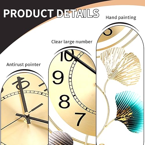 Miniatura 2 de FILLOVE Elegante reloj de pared de metal con esfera redonda silenciosa y hojas doradas y azules, moderno reloj de pared de metal silencioso que no