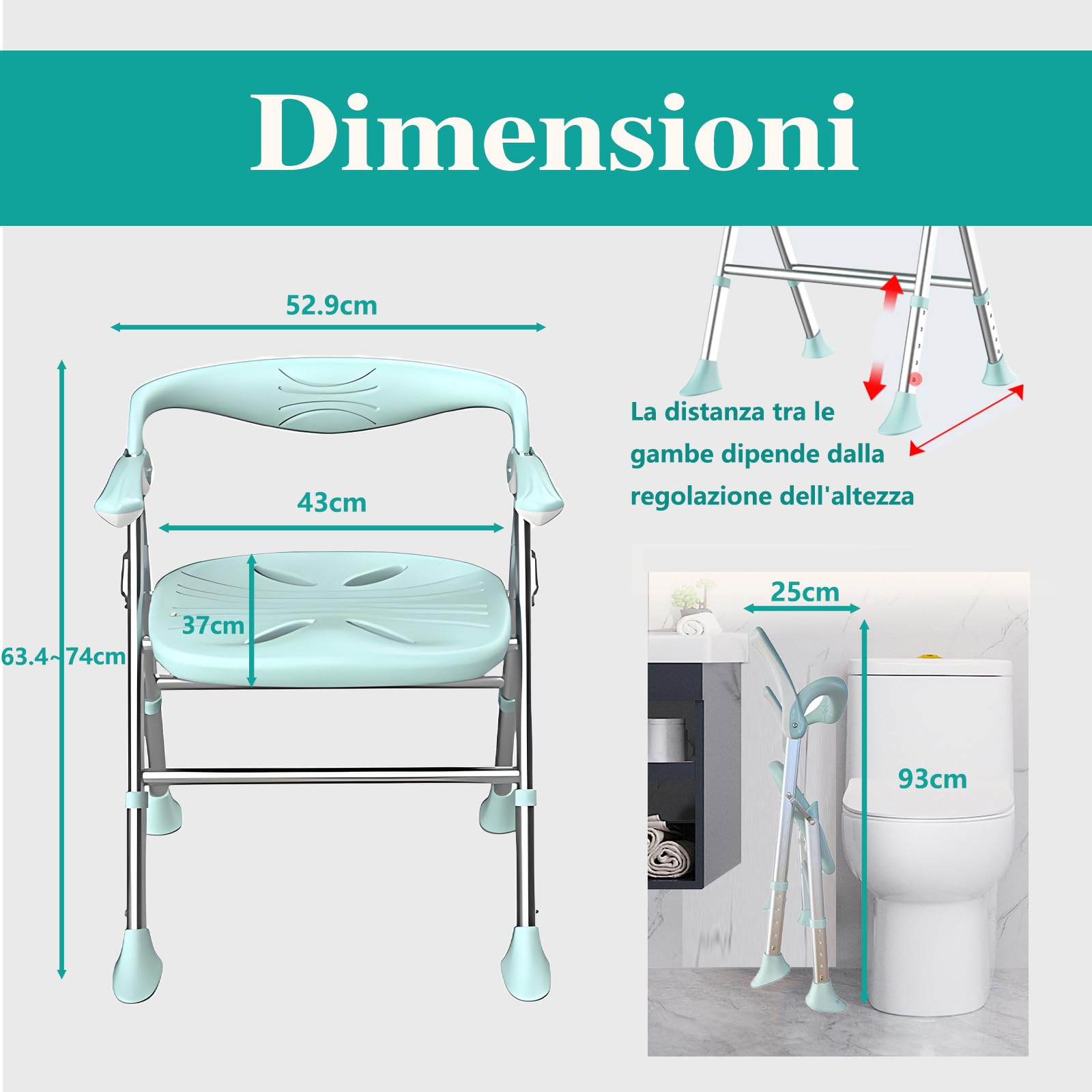 Sedia Per Doccia Anziani,Sgabello Doccia,Capacità Di Carico Massima 150kg, Braccioli Ripiegabili,Sedia Per Doccia Pieghevole Regolabile in Altezza A 5 Livelli (verde, Sedili piatti)