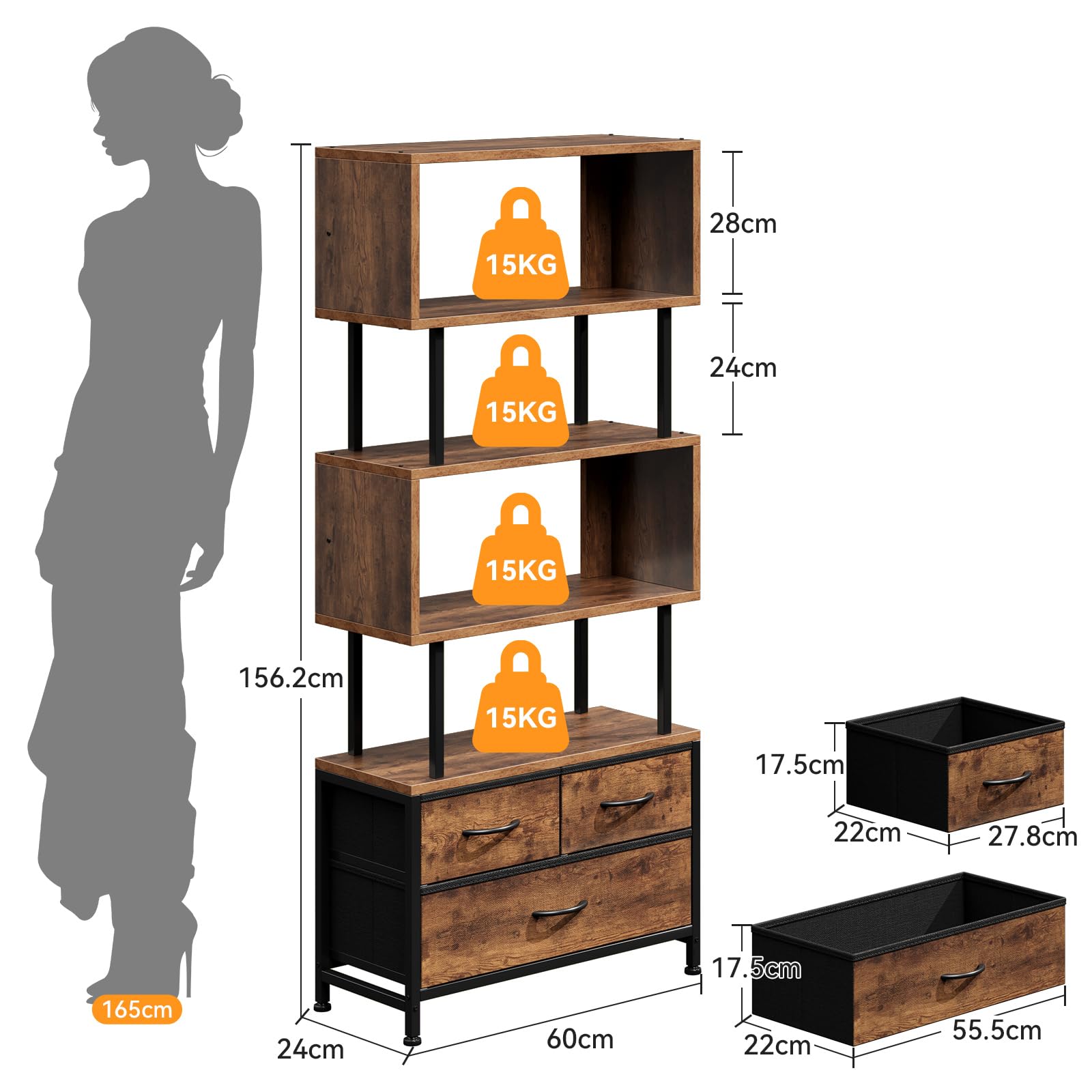 Coleshome Libreria Verticale, Libreria da Parete con 5 Ripiani, con 3 Cassetti in Tessuto, Scaffale Librerie Adatto per Camera da Letto, Ufficio, Soggiorno, 60 x 24 x 155 cm, Colore Retrò
