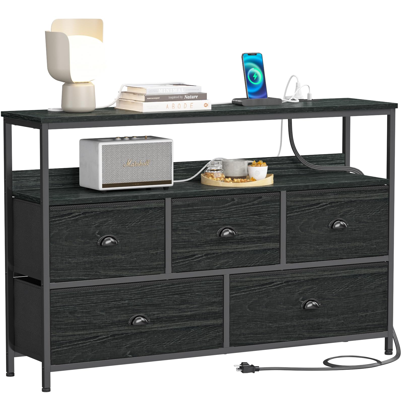 Furologee Console Sofa Table with Power Outlet, Long 45" Dresser TV Stand with 5 Drawers, Entertainment Center with Storage for 55'' TV, Entryway Table for Bedroom, Living Room, Hallway, Black Oak
