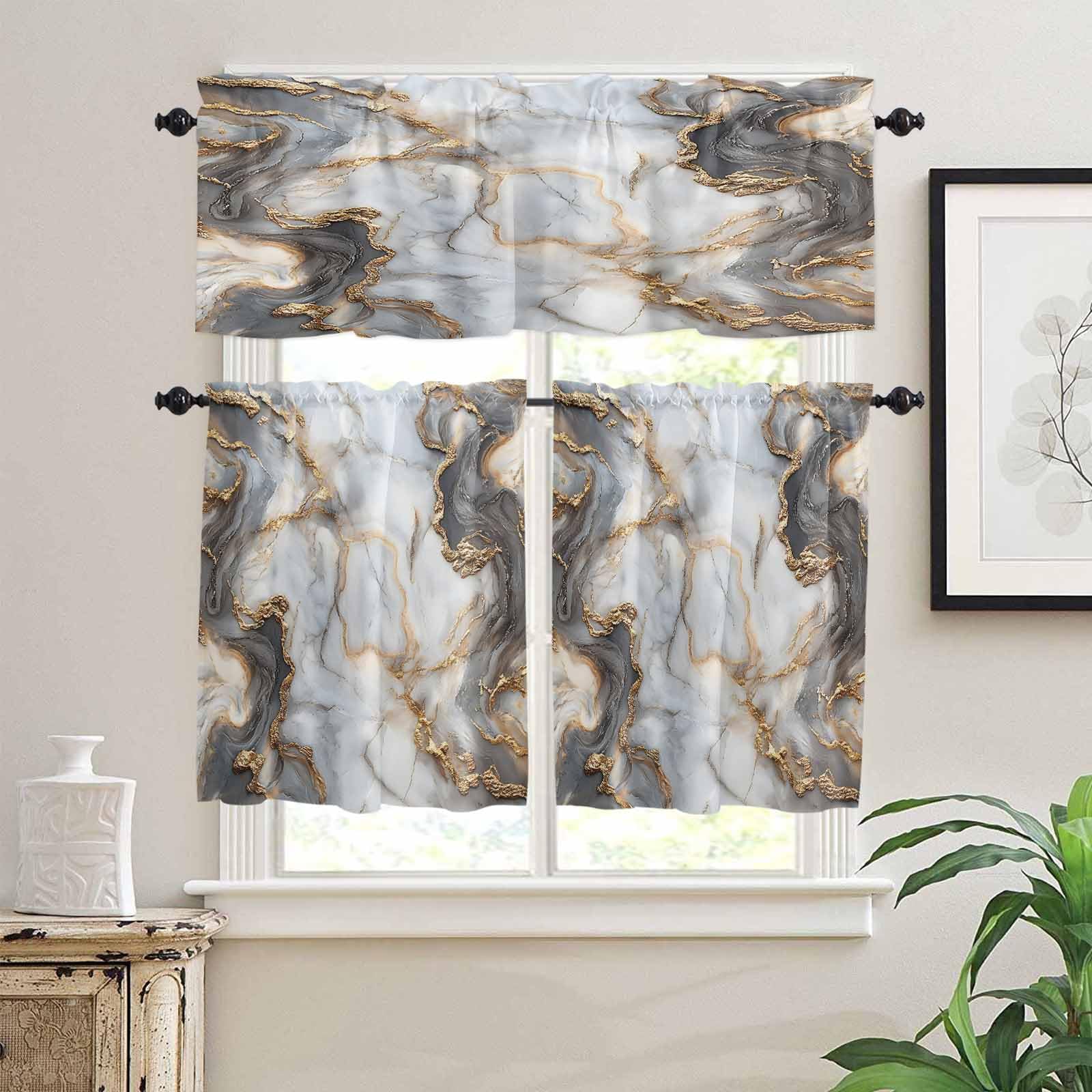 Marble White Gold Kitchen Curtains 36 Inch Length, 3 Piece Rod Pocket Small Half Tiers and Valance Set, Abstract Modern Geometric Printed Small Large Window Treatment Decor for Bedroom/Bathroom Sink