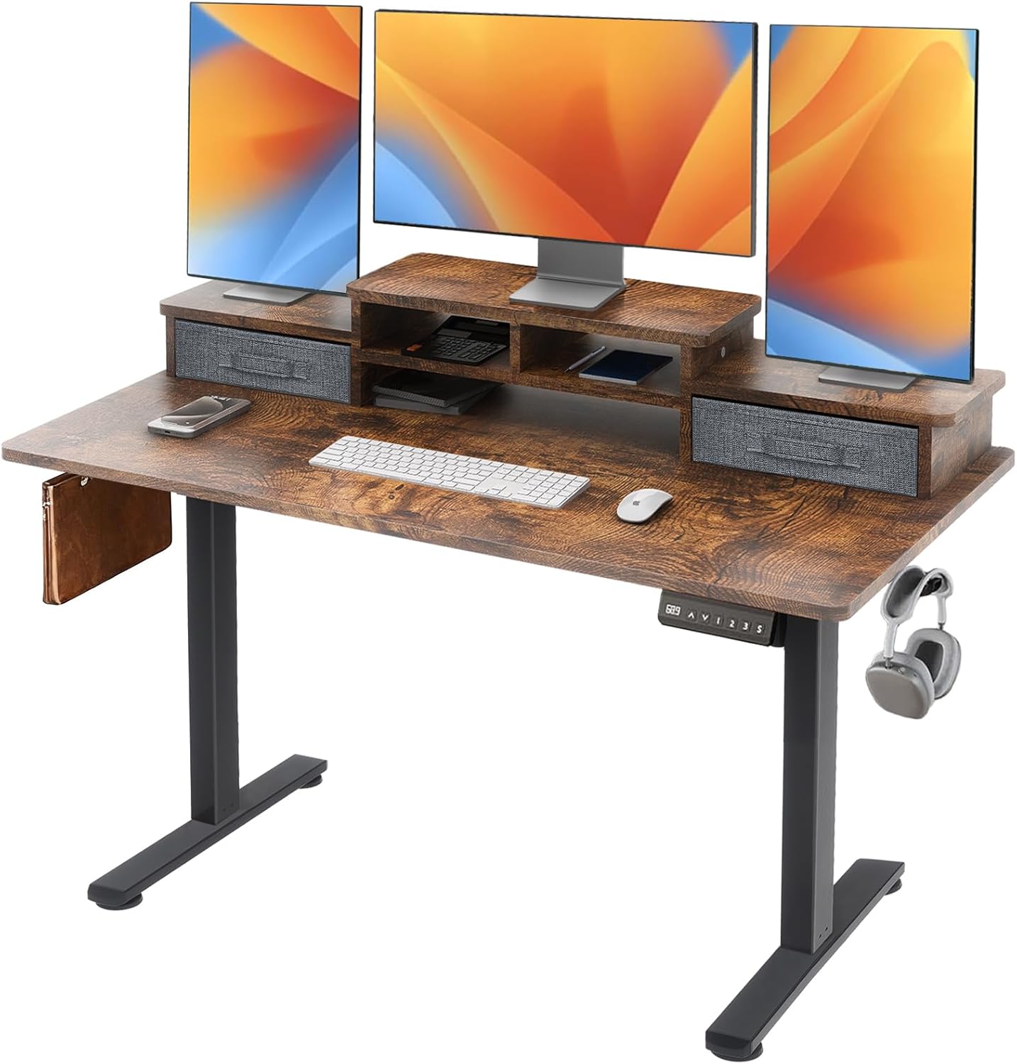 48x24 Inch Electric Standing Desk with 2 Drawers, Adjustable Height Desk with Storage Shelf, 3 Preset Heights, 2 Hooks and Cable Management, Ergonomic Rising Computer Table for Home Office