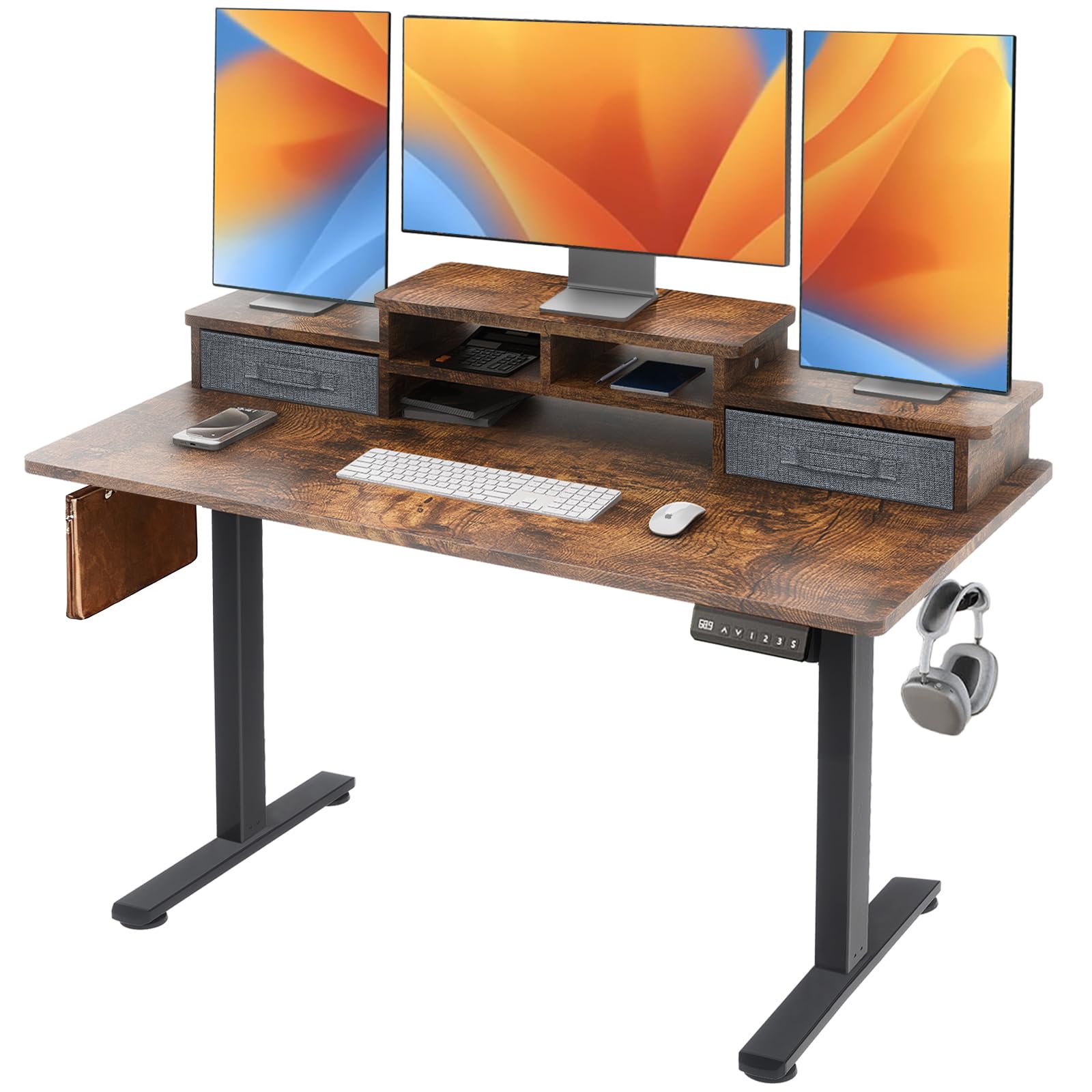 DSNAPE 48x24 Inch Electric Standing Desk with 2 Drawers, Adjustable Height Desk with Storage Shelf, 3 Preset Heights, 2 Hooks and Cable Management,
