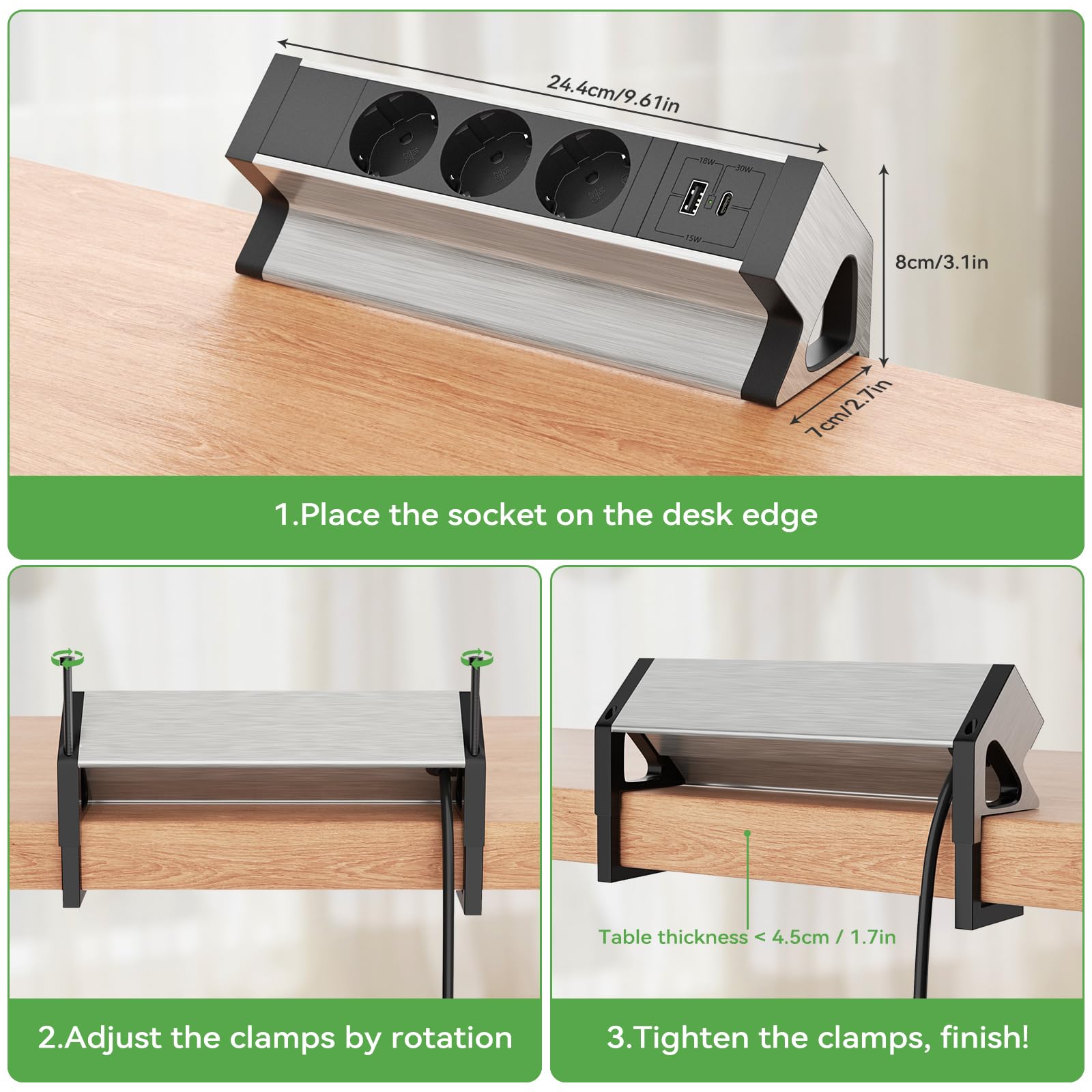 Ciabatta Multipresa con USB C, Multipresa Scrivania 3 Presa e 2 porte USB, Presa Multipla Impostazione Salvaspazio per Tavolo, Scrivania, 2500W/16A, Nera, Cavo da 1,8M