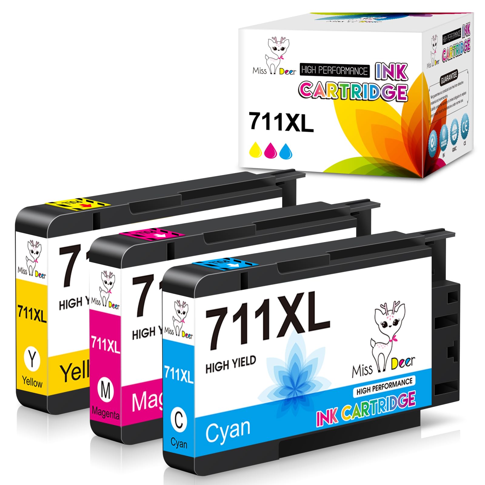 Miss Deer 3 Pack 711XL Color Ink Cartridges High Yield Compatible Replacement Ink for HP 711 711XL Ink,Work for HP Designjet T120 T520 24-in T520 36-