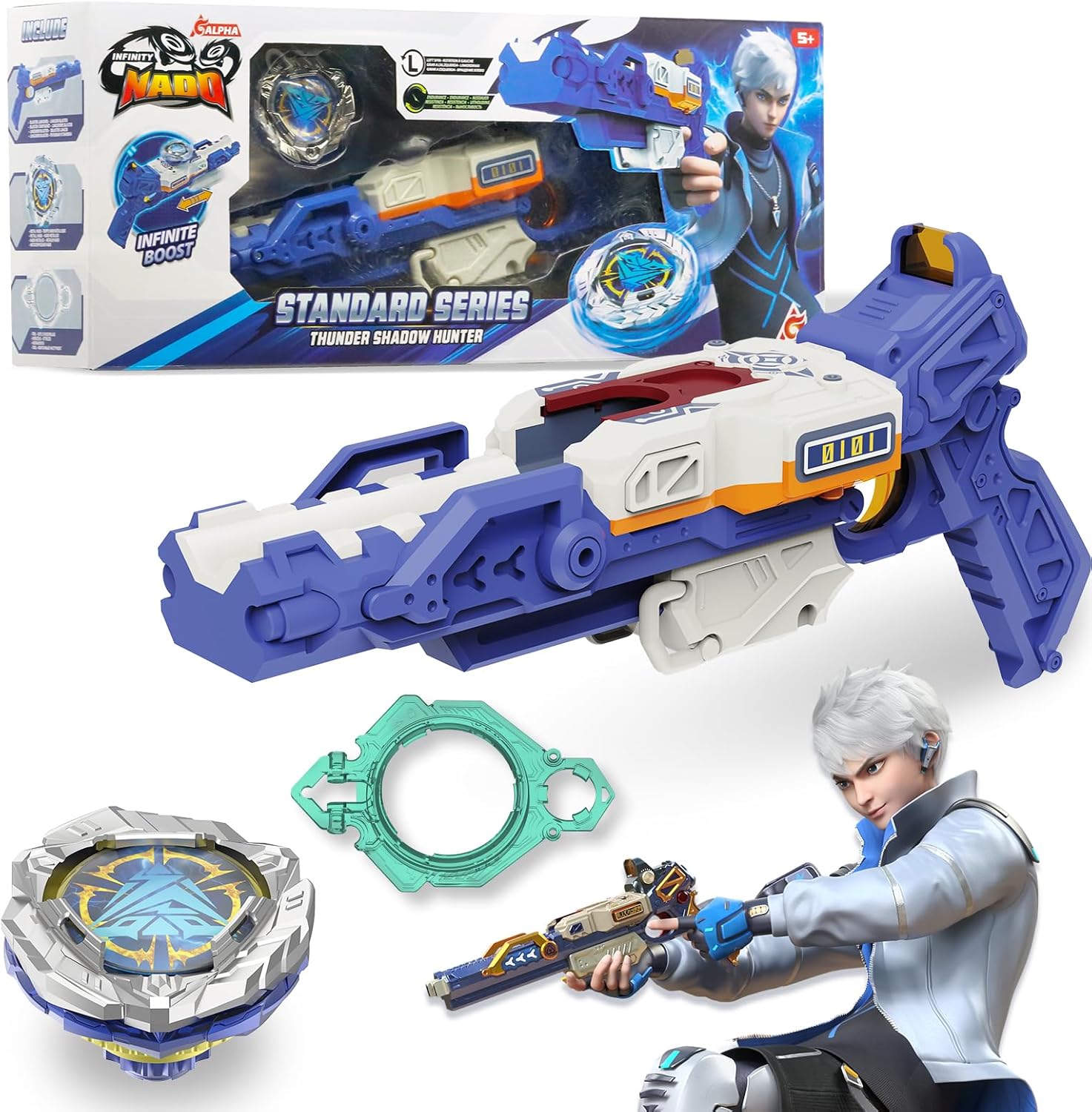 INFINITY NADO S7 Battle Top Starter Pack Set with Gun-shaped Launcher Infinite Acceleration, Metal Endurance Type Battle Toy, Left-Spinning Top Game Toys for Boys Girls 5+, Thunder shadow hunter, blue