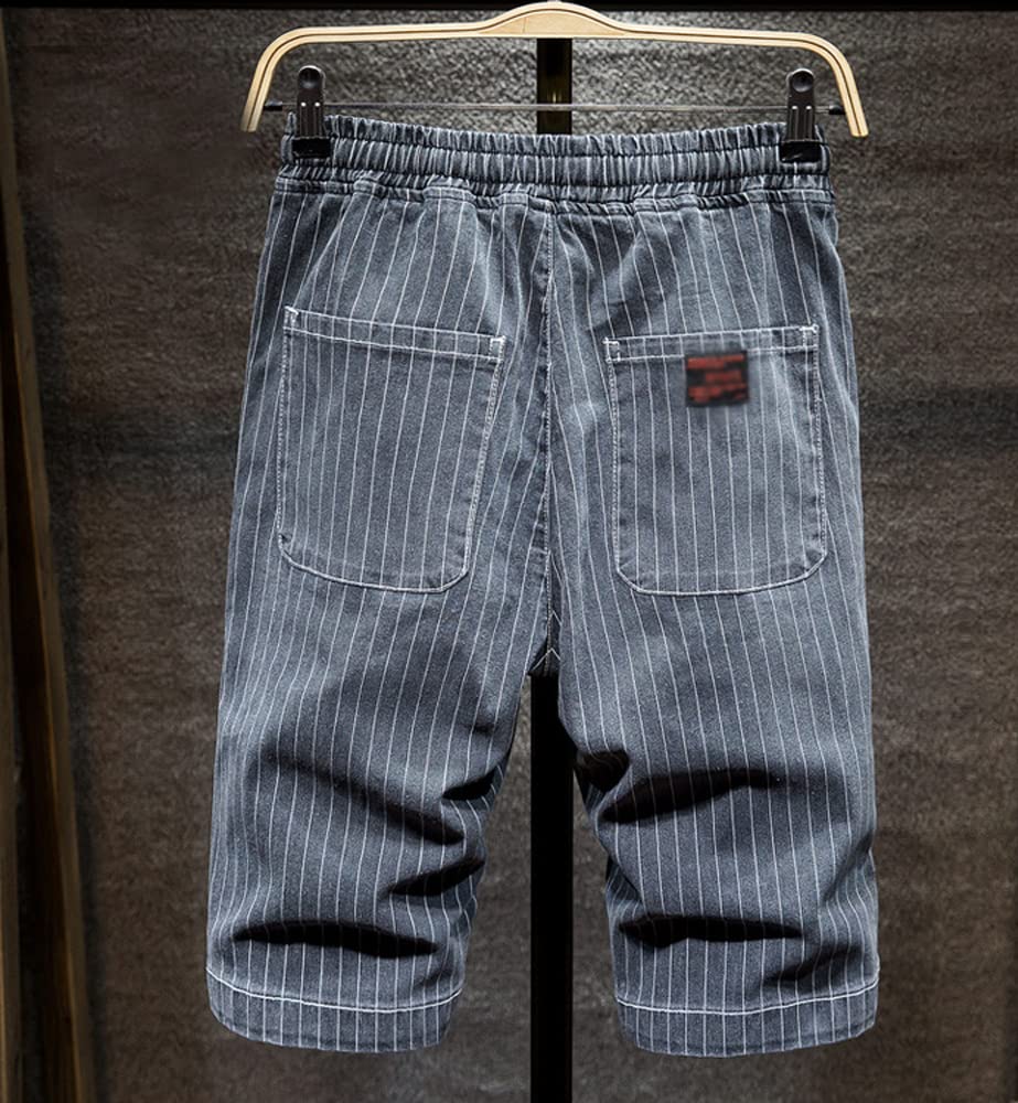 Huixin Męskie dżinsy plus size elastyczny pas w paski nadruk bermudy szorty dresowe cienkie spodenki jeansowe oversize