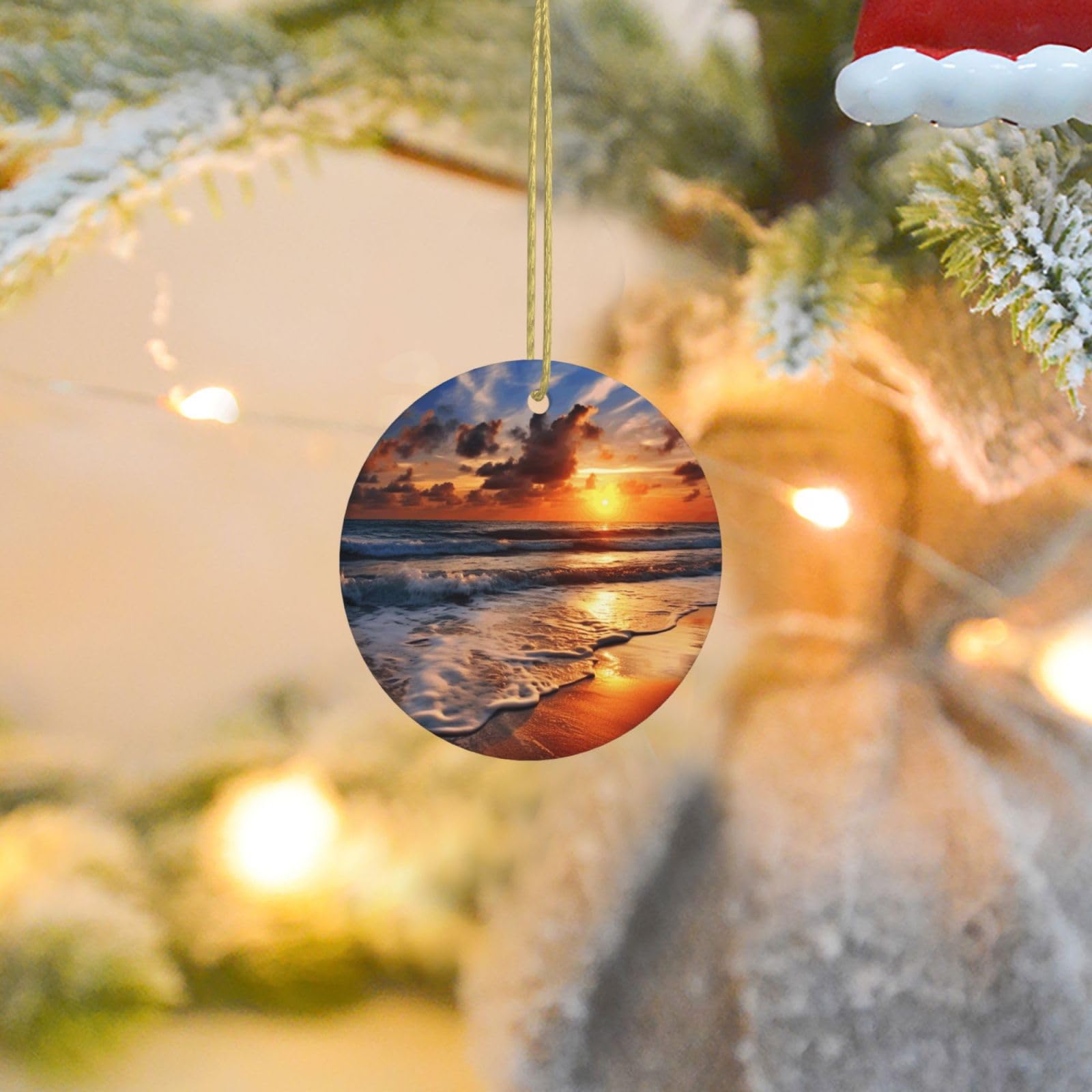 Christmas Ornaments for Christmas Tree Decoration Ceramic Hanging Beach Sunrise Ornament with Gold Ribbon Crafts Round Pendant for Keepsake Gifts Glass Xmas Decor Party Supplies