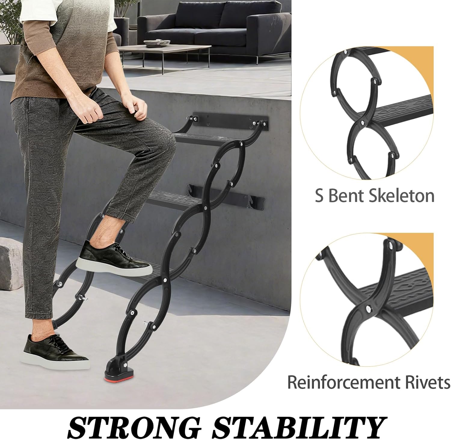 3-Steps Wall-Mounted Attic Ladder | Pull Down System Attic Stairs | Retractable Folding Stairs | Metal Telescoping Step Ladders | Portable Camping Staircase (Black, 3-Steps)
