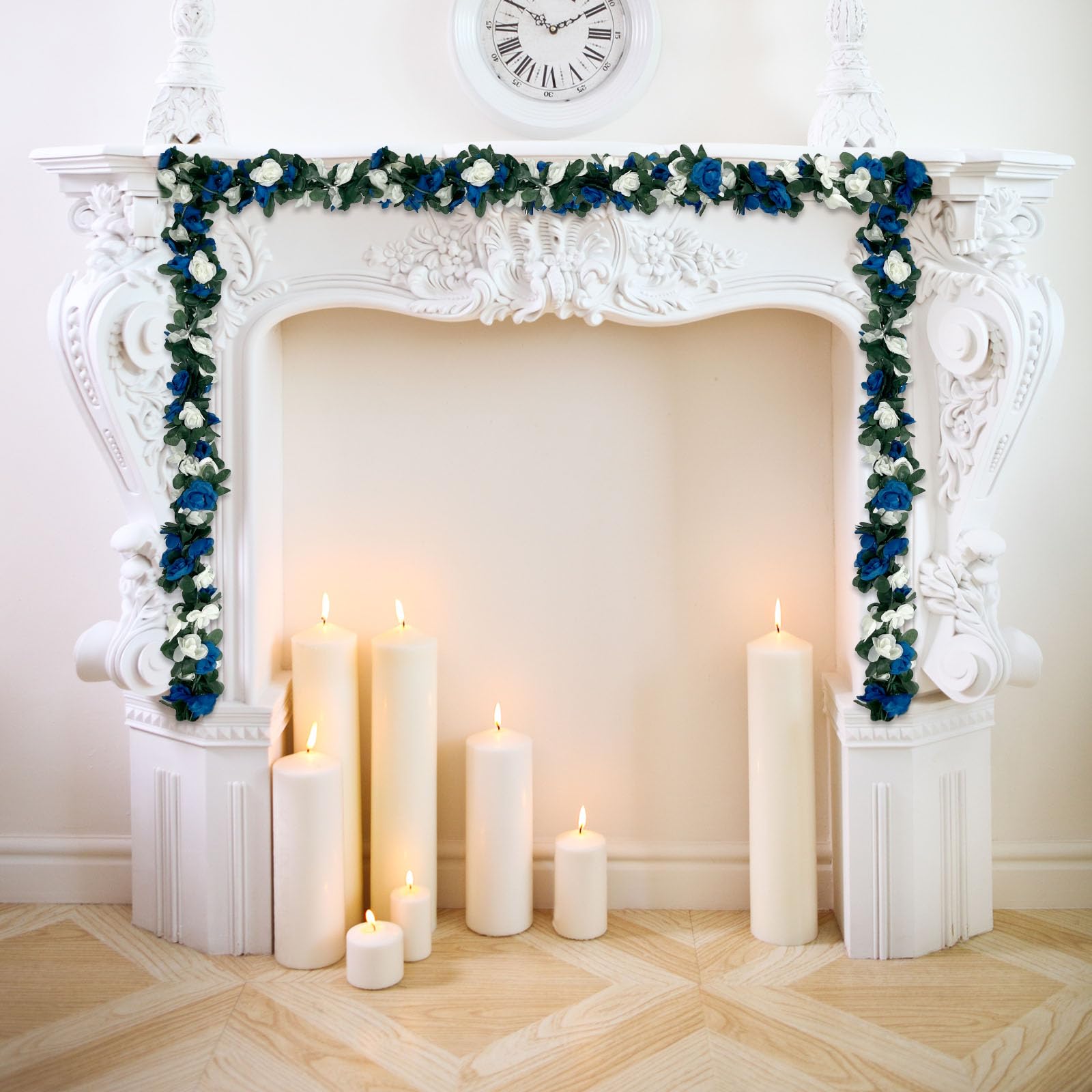Blau-weiße Rosengirlande, künstliche Ranken, künstliche Ranken, hängende Girlande für Party, Hochzeit, Garten, Zimmertisch, Weihnachten, Hintergrund, Wandbogen, Dekoration, 8 Stück