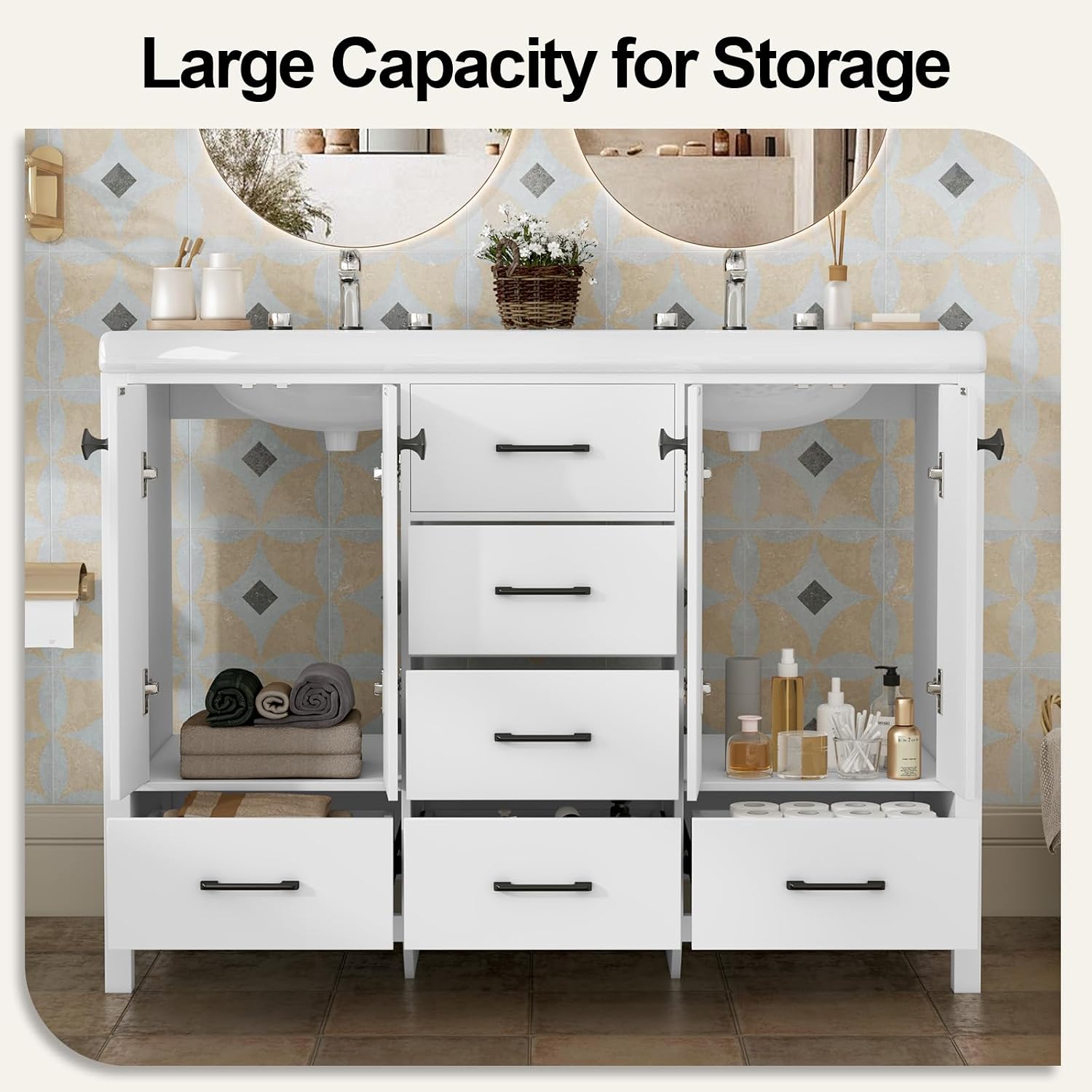 46.7 inch Bathroom Sink Vanity Combo, Large Freestanding Double Bath Vanity Sink Set with 2 Cabinets & 5 Drawers, Dual Basin Modern Bathroom Storage Cabinet, Modern White