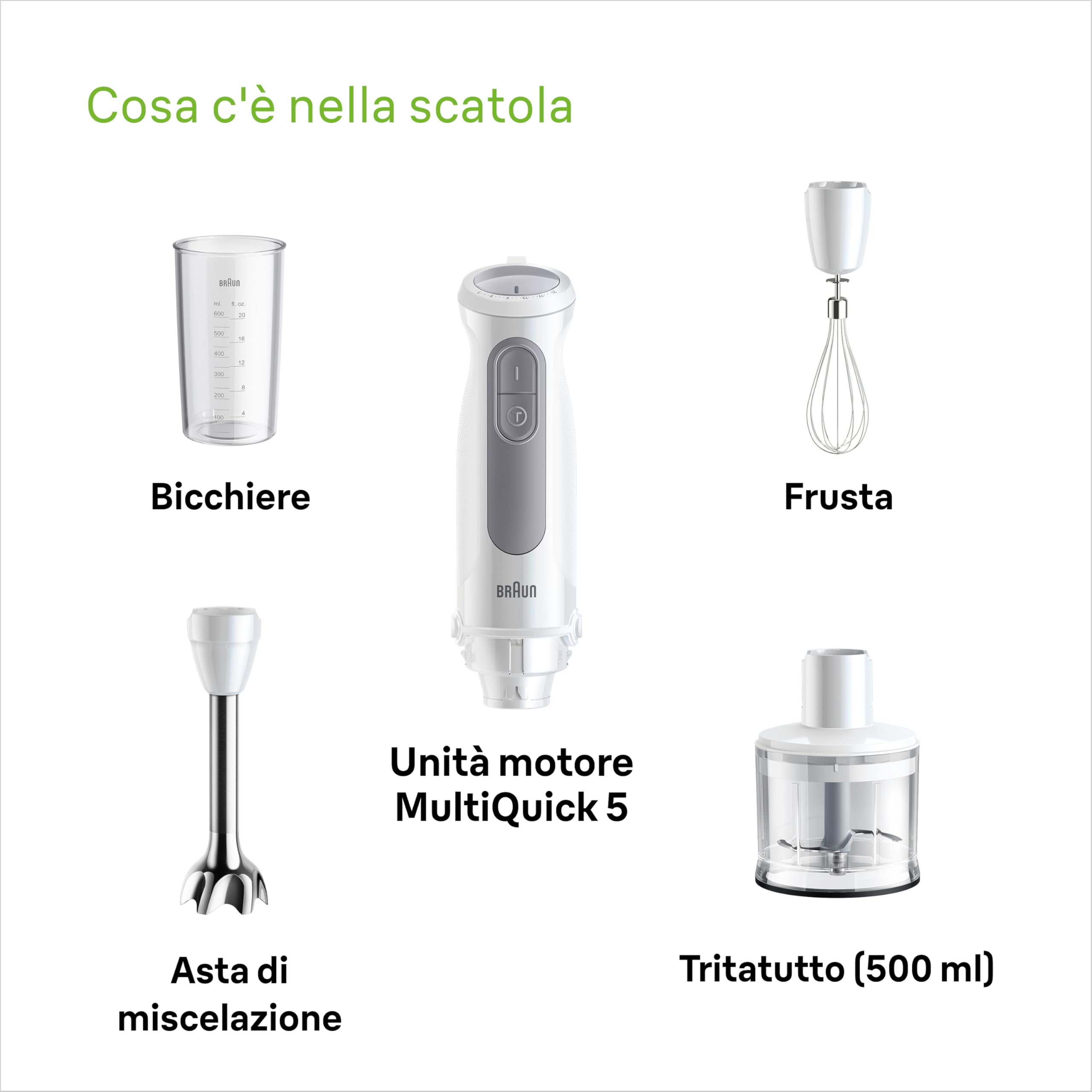 Braun MultiQuick 5 MQ50.236M, Minipimer con Tecnologia PowerBell Plus, 21 Velocità+Turbo, Sistema EasyClick per Accessori, Tritatutto 500ml, Frusta in Acciaio Inox e Bicchiere 600ml, 1000W, Bianco