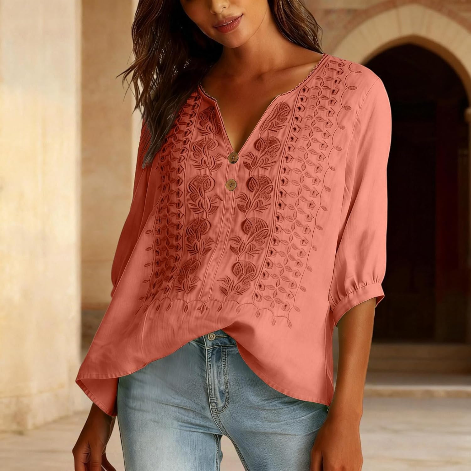 Embroidered Linen Shirts for Women - v Neck 3/4 Sleeve Length Boho Tops Plus Size Tunics Summer Dressy Casual Blouses - Image 3