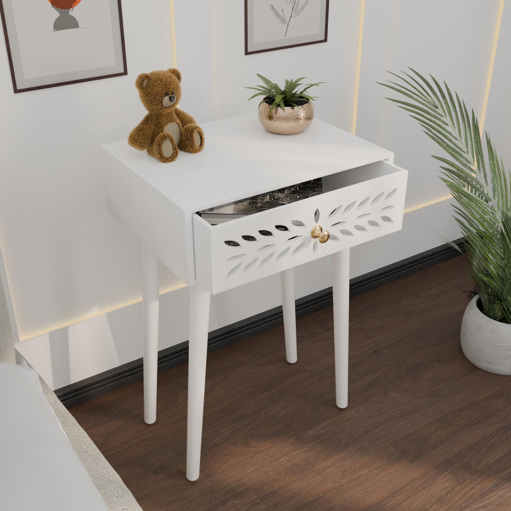 Ereteken ART Nightstand Bedroom Carved Beside Table Made of MDF, Night Stand with 1 Drawers end Table for Bedroom/Living Room-White (White)-image-47
