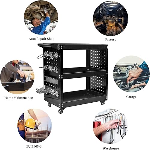 Miniatura 7 de Carro de herramientas rodante, carrito de almacenamiento de herramientas mecánicas de alta resistencia de 3 niveles sobre ruedas, kit de tablero de