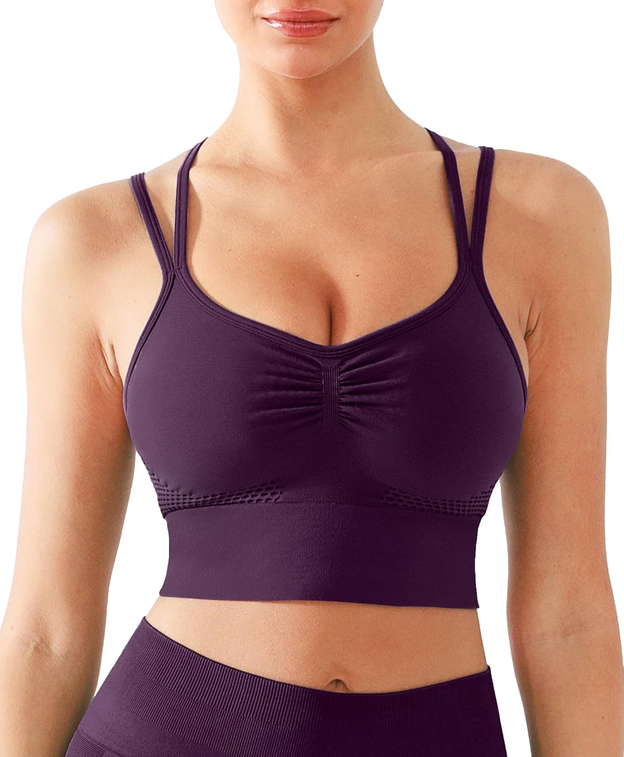 BRXL Lycra Strappy Ruched Sports Bra for Women Breathable Seamless Criss Cross Back Light Support Padded Bras Exercise Yoga Purple XL