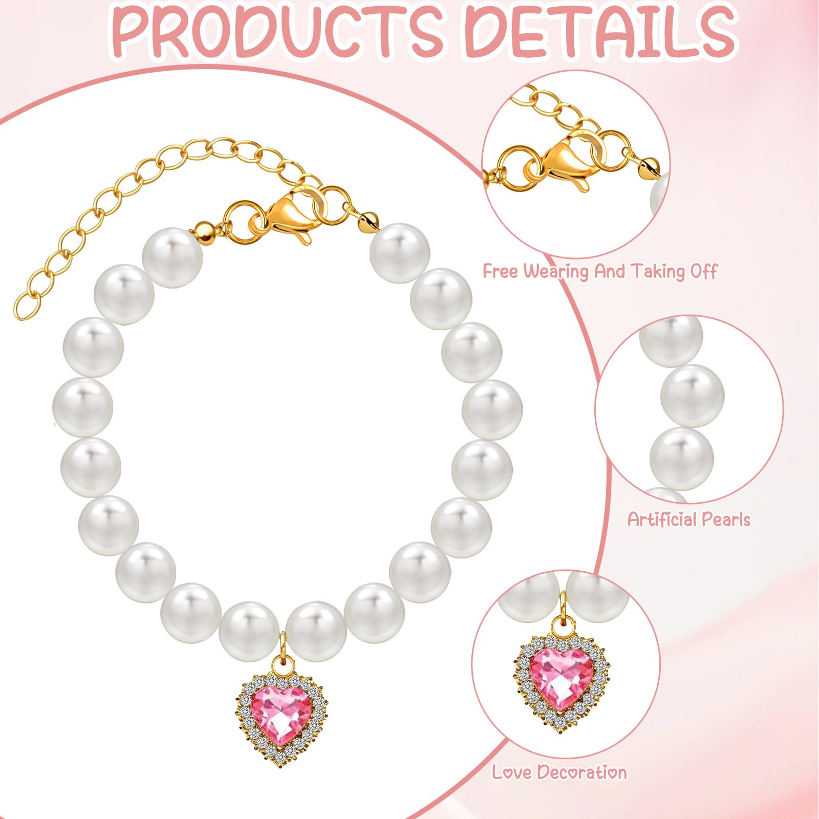 2 Pcs Cat Pearl Collar with Heart Shape Pendant Rhinestone Cute Pearl Pet Necklace - Image 3