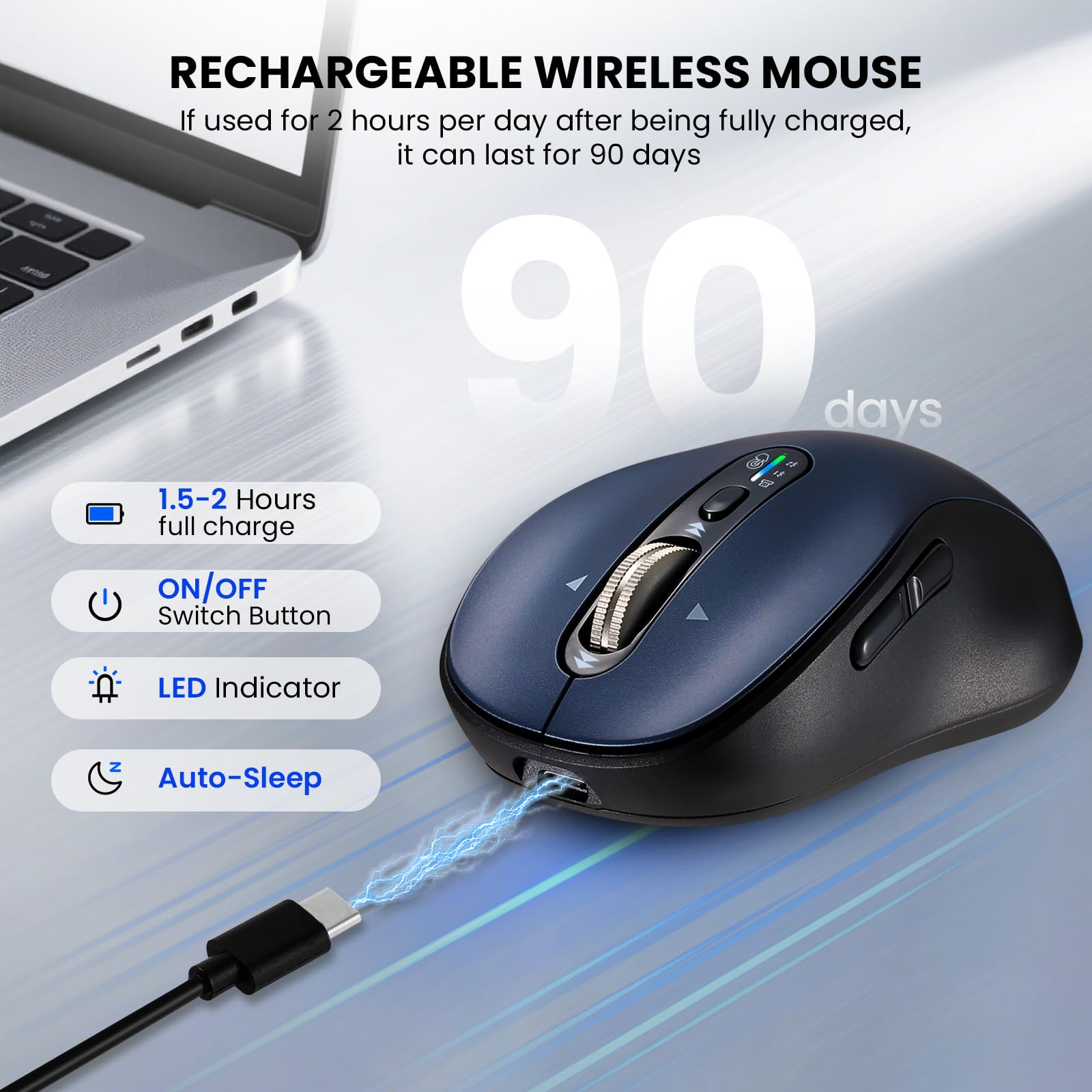 Souris Bluetooth sans fil, souris d'ordinateur ergonomique multi-appareils, super défilement en métal, ± 3200 DPI, 10 boutons, Plug & Play, silencieuse, rechargeable, souris sans fil USB pour