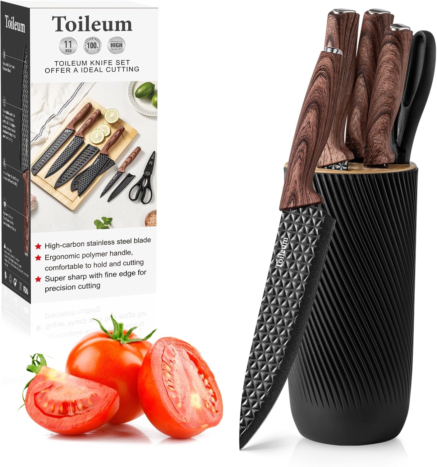 black Kitchen Knife Set with Block for cooking necessities,11 pieces knives block set for kitchen appliances,Anti-Rust Non-Stick Stainless Steel knives set, Ergonomical Design
