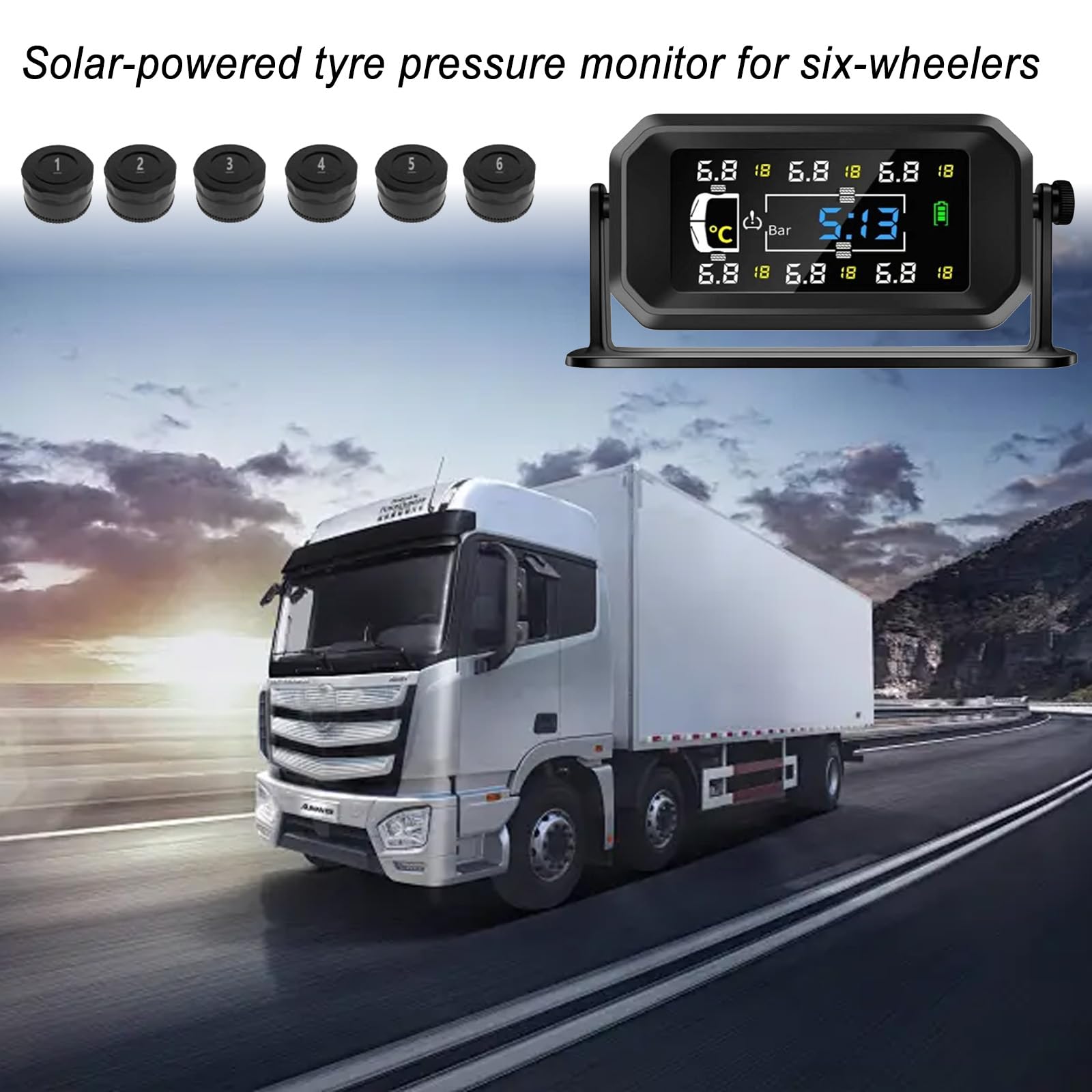 HAMON TPMS Sistema de control de presión de neumáticos solar, sistema de control de presión de neumáticos TPMS, con 6 sensores de presión de neumáticos, inalámbrico, solar, TPMS, distancia de