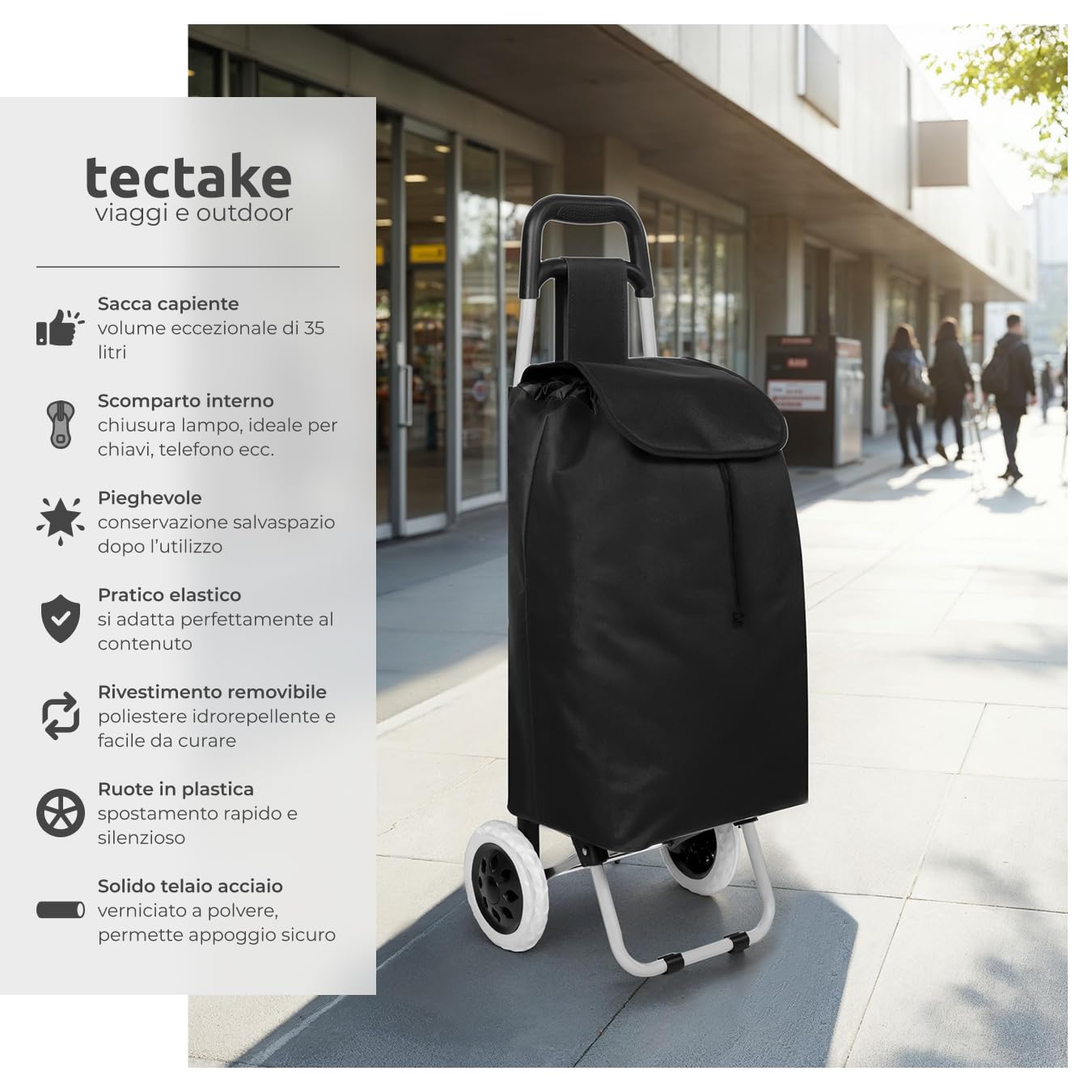 tectake® Trolley per la Spesa, 2 Ruote, Pieghevole, con Sacca Asportabile, Grandi Ruote, Chiusura con Cerniera, Tasca Piccola, Disponibile in Diversi Colori - Nero