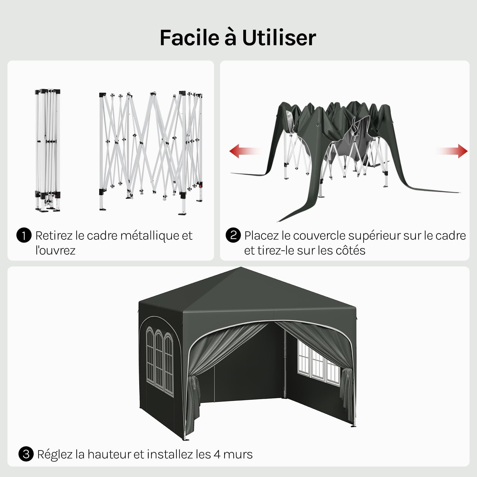 WOLTU Tonnelle 3x3m Pop up avec 4 parois Gris