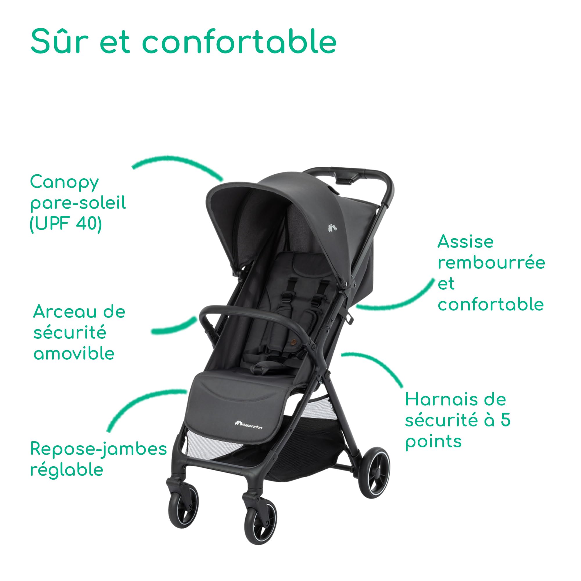 Bebeconfort Azur, Poussette Canne Compacte, 0-3 ans (15 kg), Poussette Bébé Légère, Pliage Automatique à Une Main, Inclinaison Jusqu'en Position Allongée, Panier Spacieux, Mineral Graphite