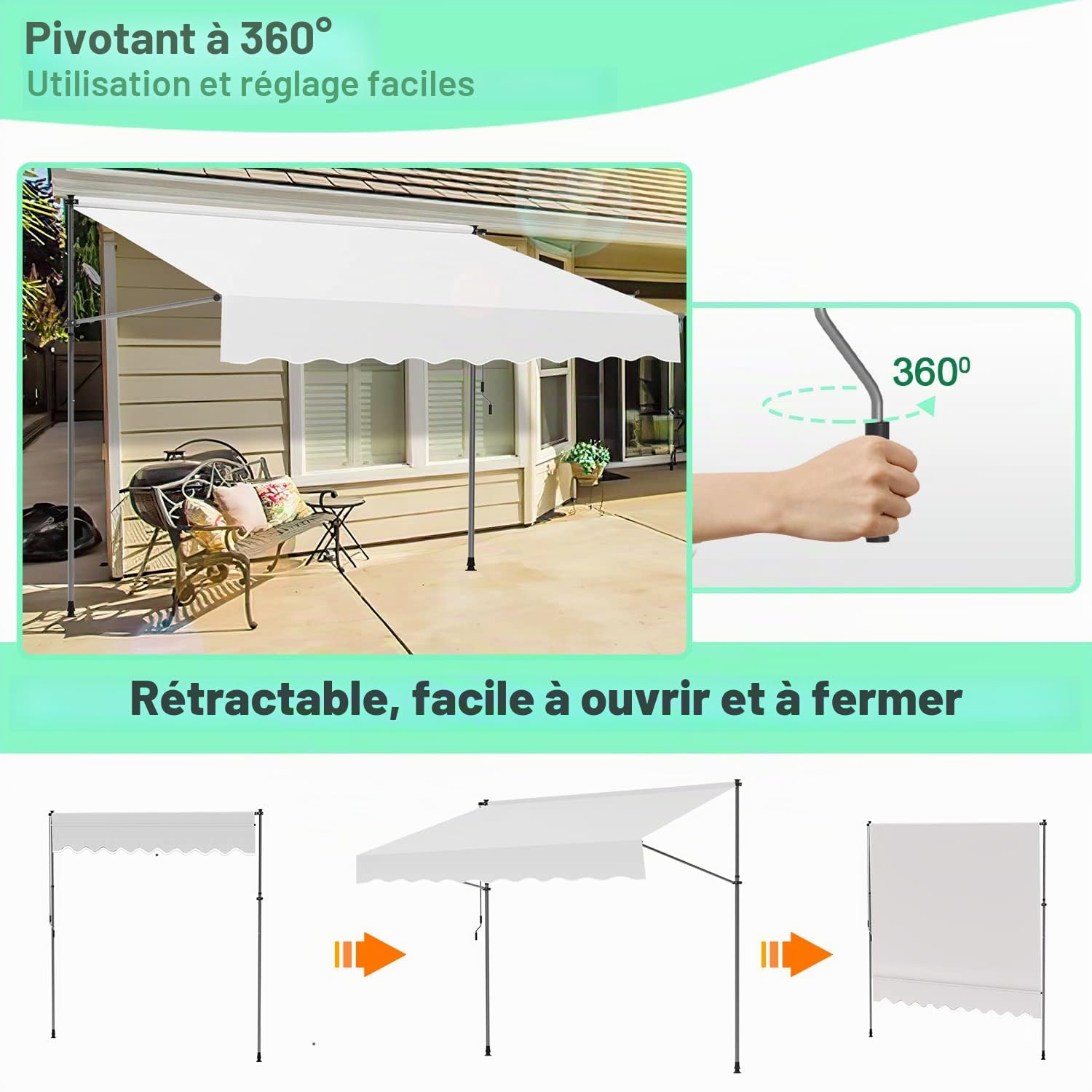 Ikodm Store Banne Manuel, Auvent Rétractable avec manivelle 400 x 120 x 200-300 cm sans perçage - Résistant aux UV - Réglable en Hauteur - Protection Solaire - Imperméable - Montage Facile