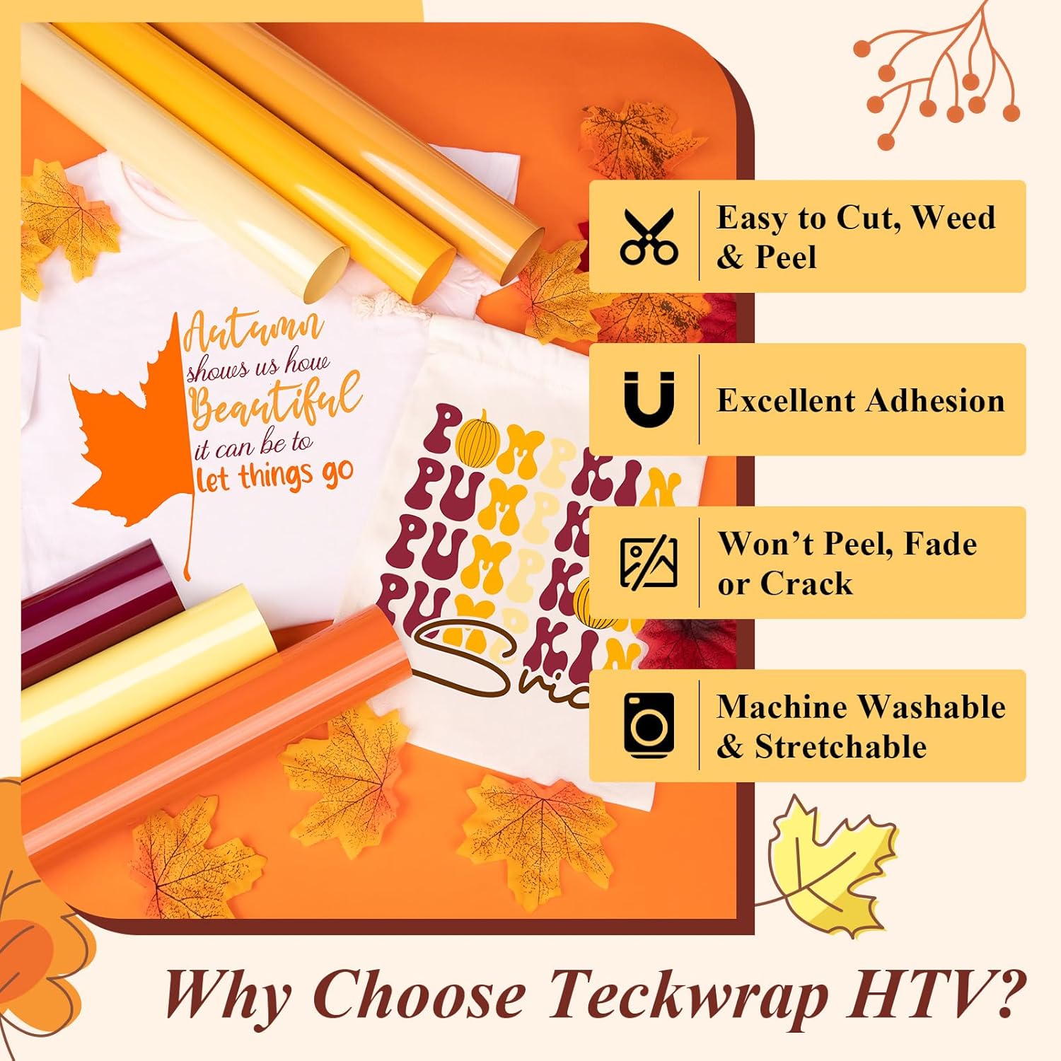 TECKWRAP HTV Iron On Vinyl for T-Shirts & Crafts – 6 Roll Bundle, 12" x 3ft Heat Transfer Vinyl, Fall Orange & Yellow Shades, Vibrant Colors for DIY Shirts & Halloween Projects
