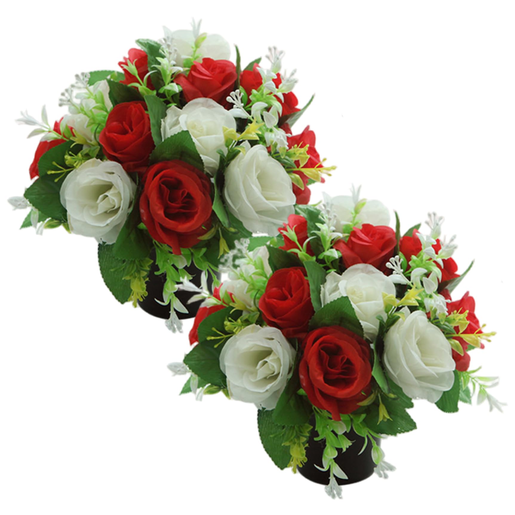 Fleurs artificielles pour tombes haut de gamme : 2 pots de roses de cimetière en soie premium