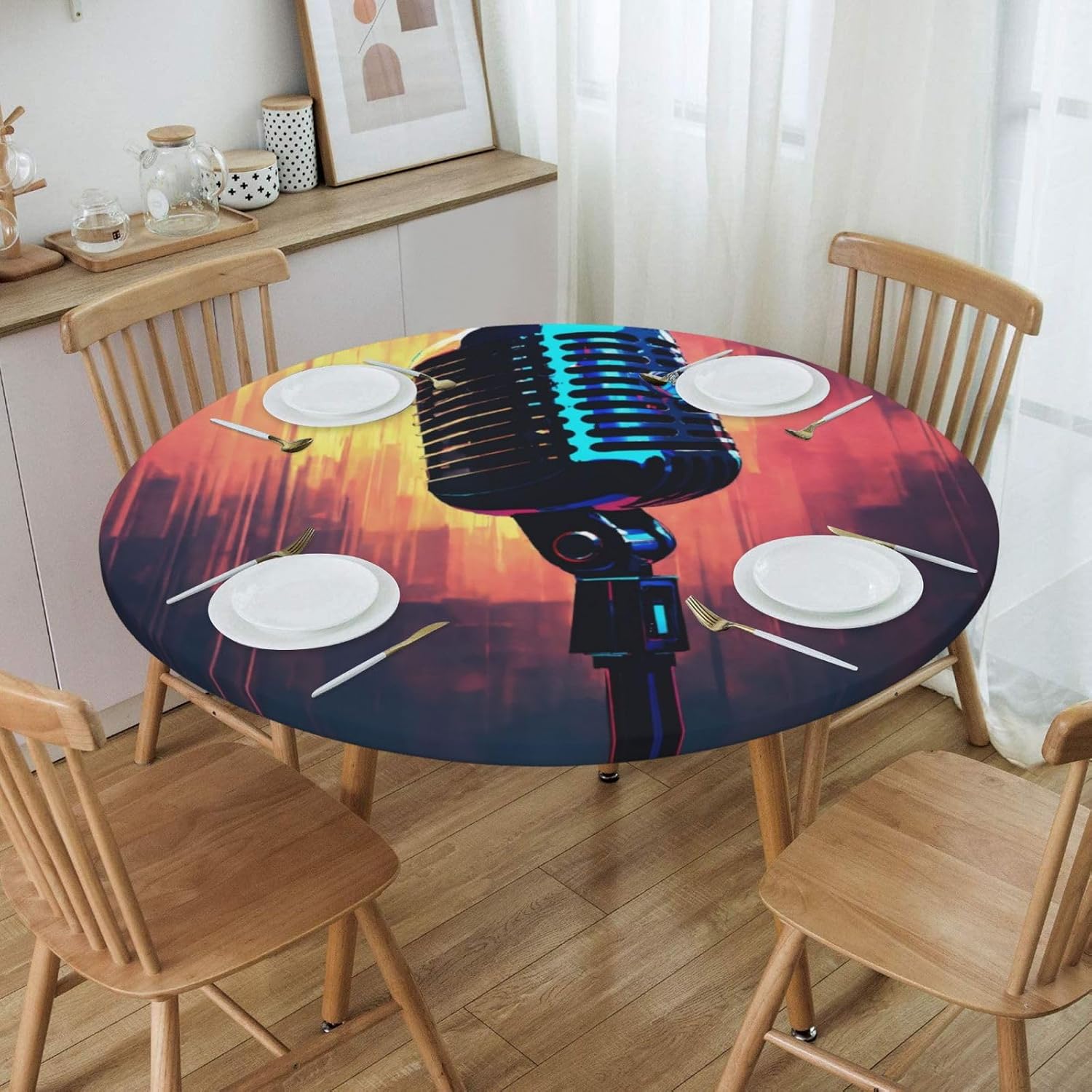 Microphone with Music Note Print Outdoor Patio Kitchen Decor Supplies Wipeable Round Table Cloth for Indoor Outdoor