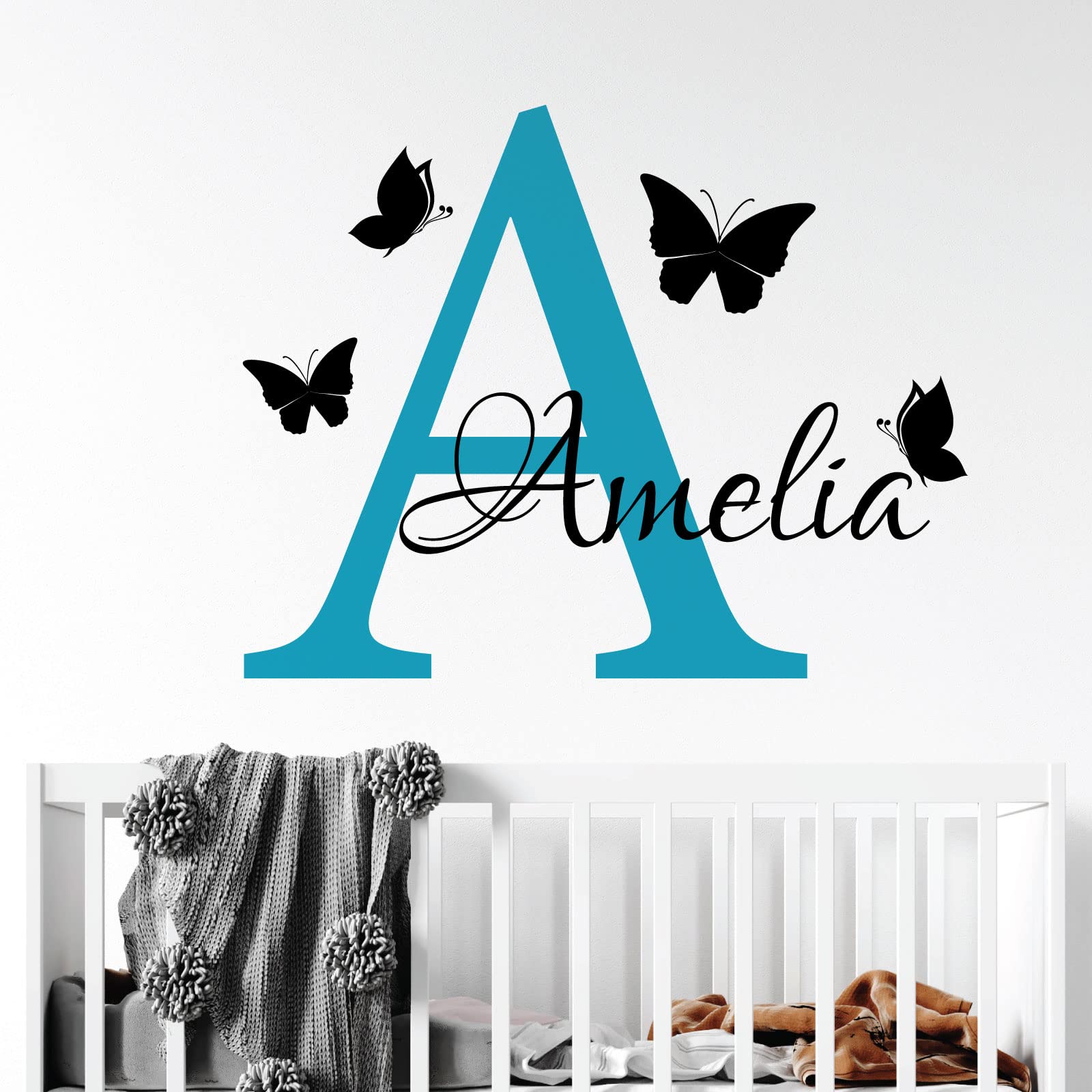Personalised Name - Initial Letter and Butterflies - Baby Nursery Vinyl Wall Decal Sticker [Large] [Sky] — image 1