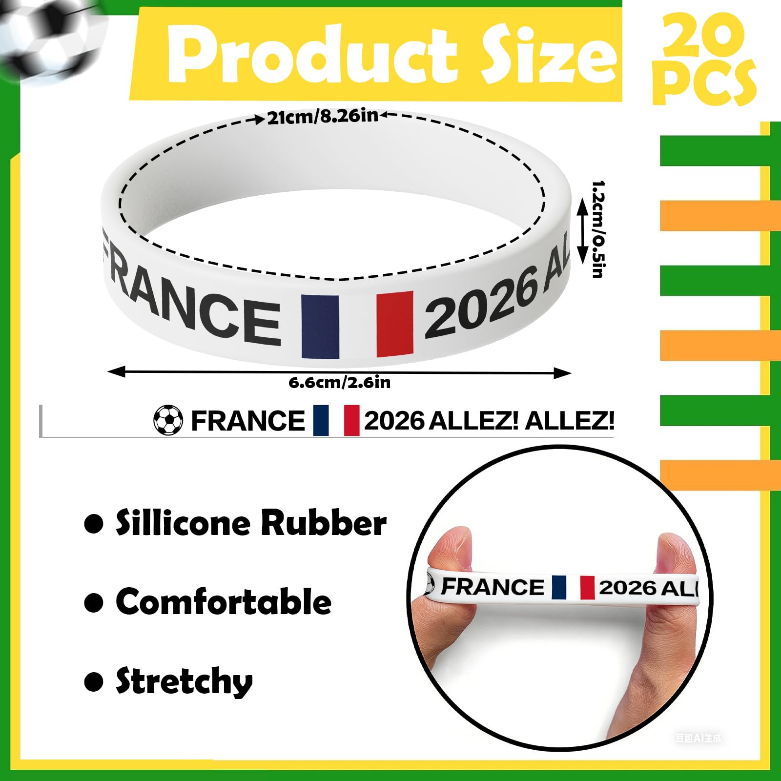 YESAH 20P Bracelet en Silicone,Avec Motif Drapeau,Brille la Nuit,Pour Fêtes,Coupe du monde de Football,Concerts,Visions Publiques,événements Nocturnes et événements de Groupe