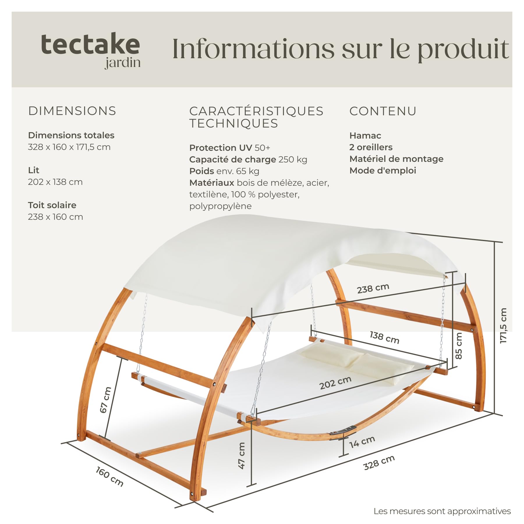 tectake® Hamac sur Pied XXL Hamac 2 Places Coton avec Toit & Support en Bois 328 x 160 x 171,5 cm, Supporte jusqu'à 250 kg, Couchage 202 x 138 cm, Coussins Inclus pour Terrasse Exterieur Piscine