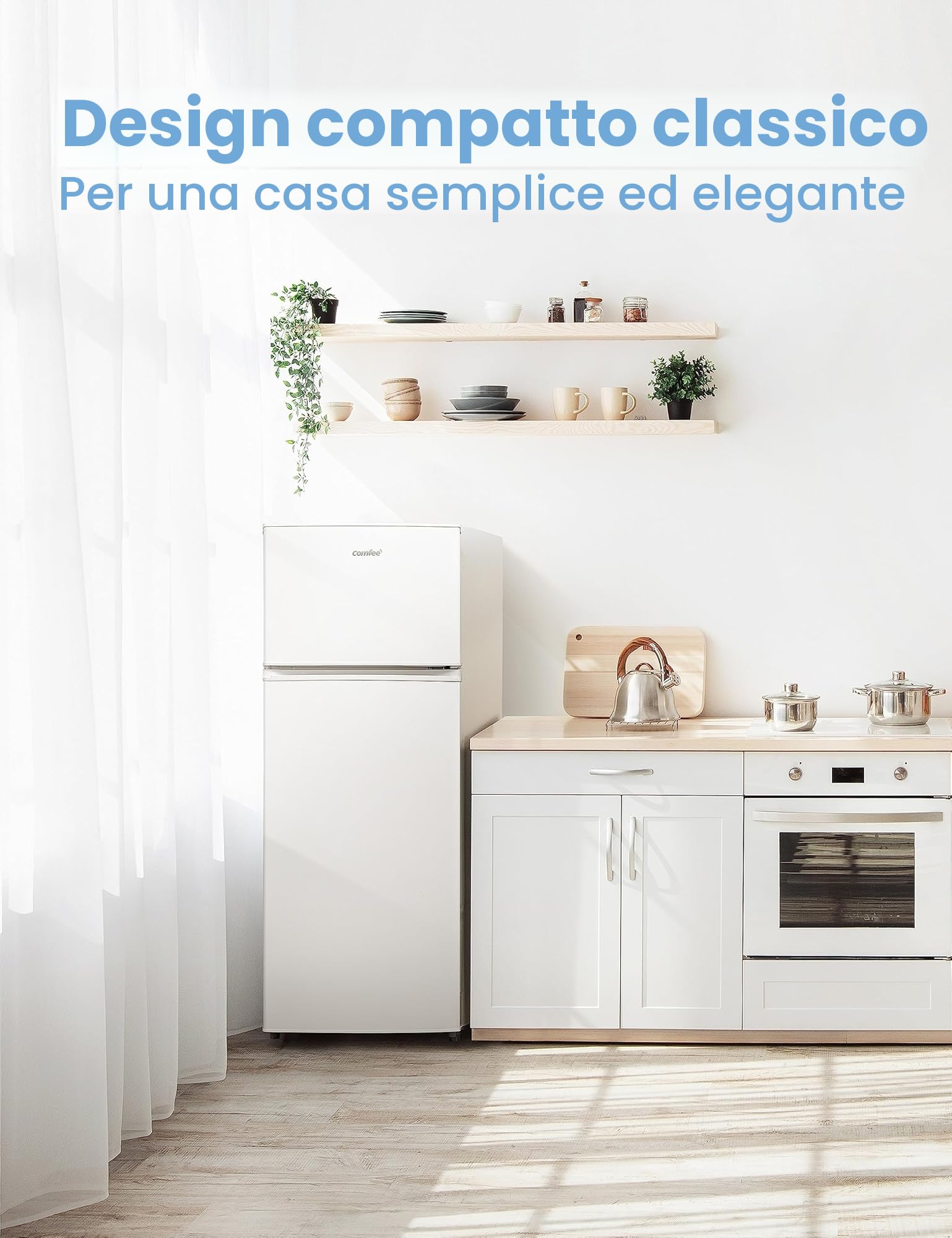 COMFEE' RCT284WH2A frigorifero con congelatore/congelatore superiore/176 kWh/anno/143cm Altezza/Luce LED/Cerniera porta reversibile/Bianco