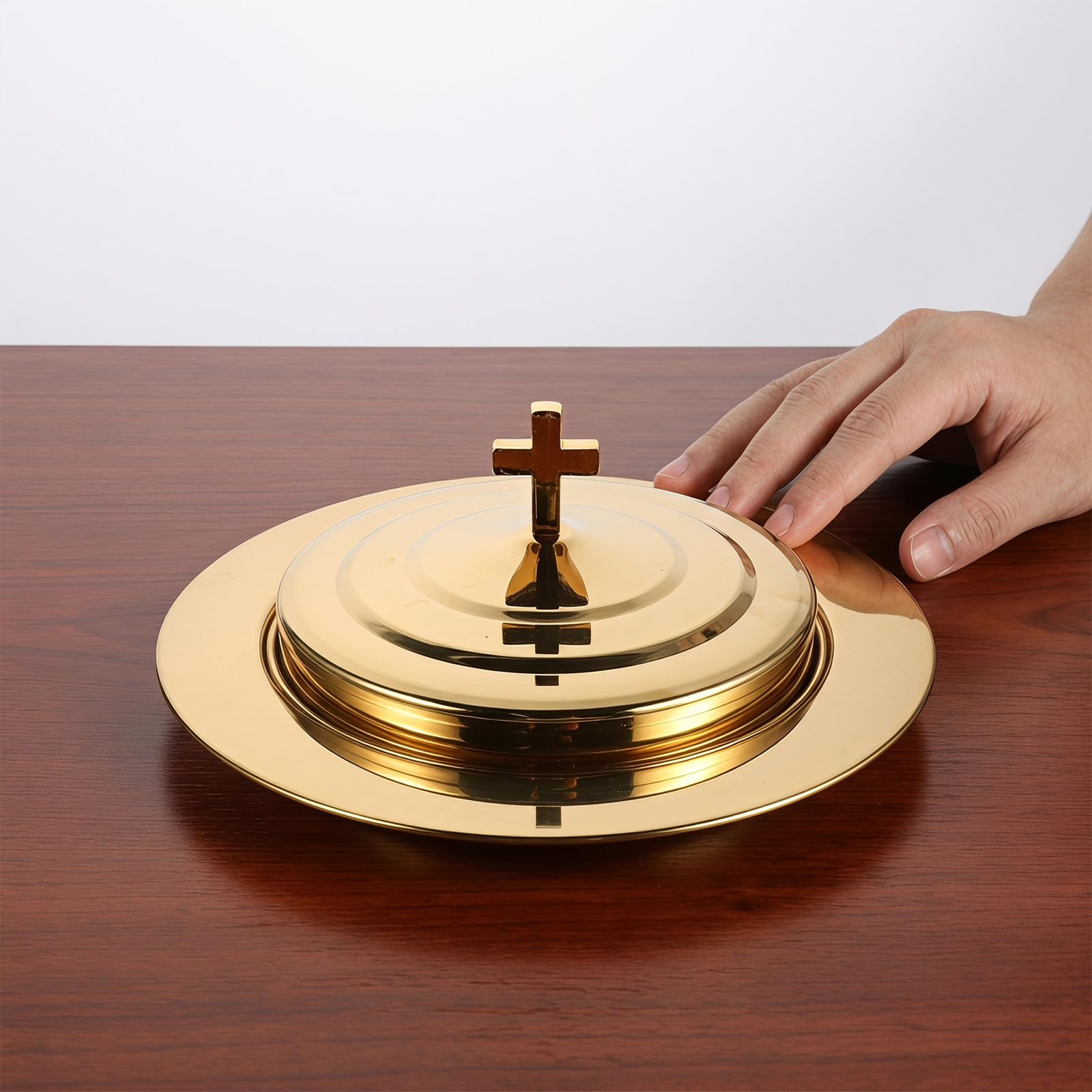 OUNONA Plateau de Communion : Plateau à Pain en Acier Inoxydable doré - 20 cm de diamètre intérieur - Plat d'offrande pour Le culte chrétien