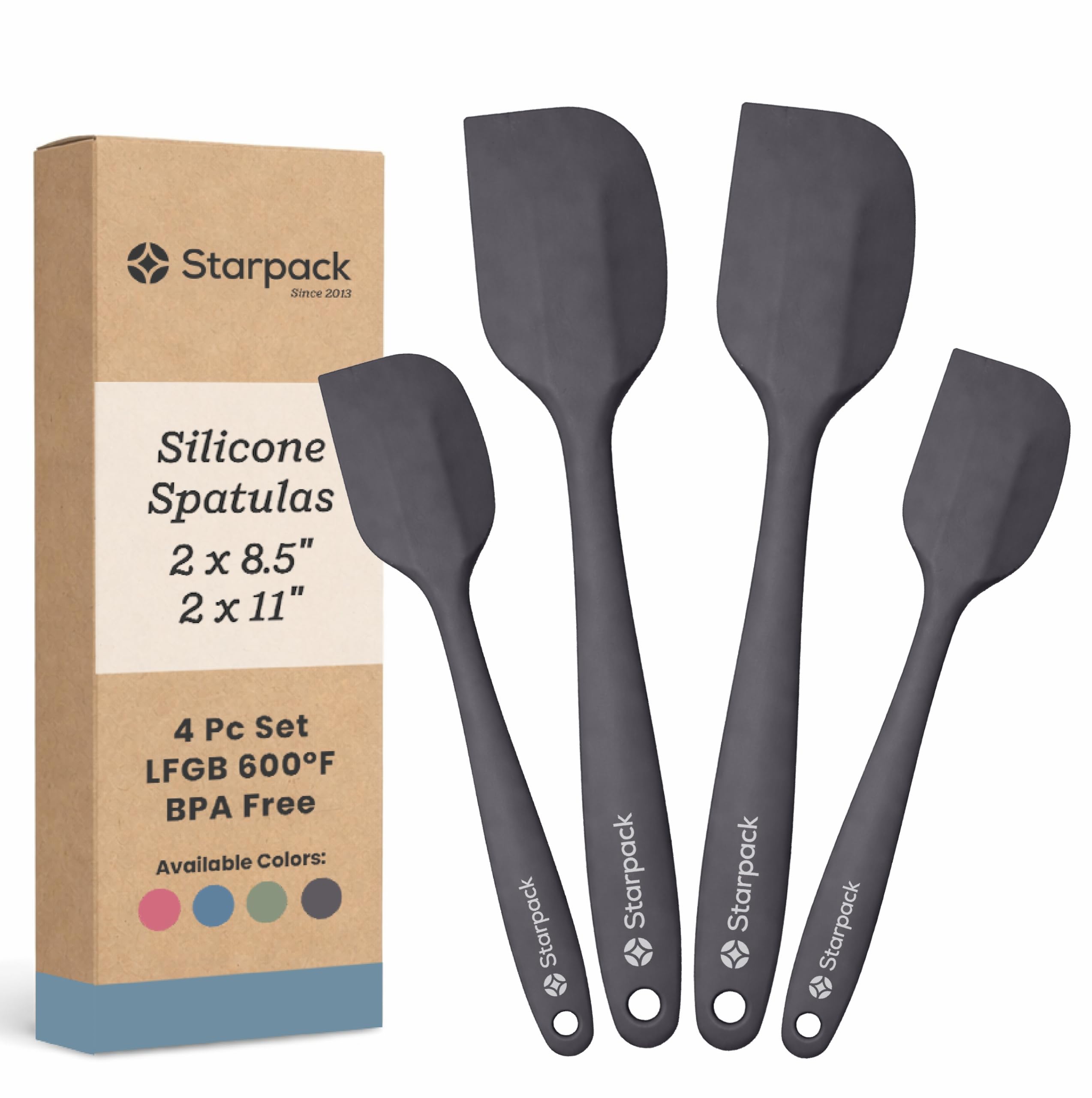 StarPack - Juego de 4 espátulas de silicona de alta calidad (2 pequeñas, 2 grandes), resistentes al calor hasta 315.6 °C, diseño higiénico de una pieza, juego de utensilios de cocina de goma