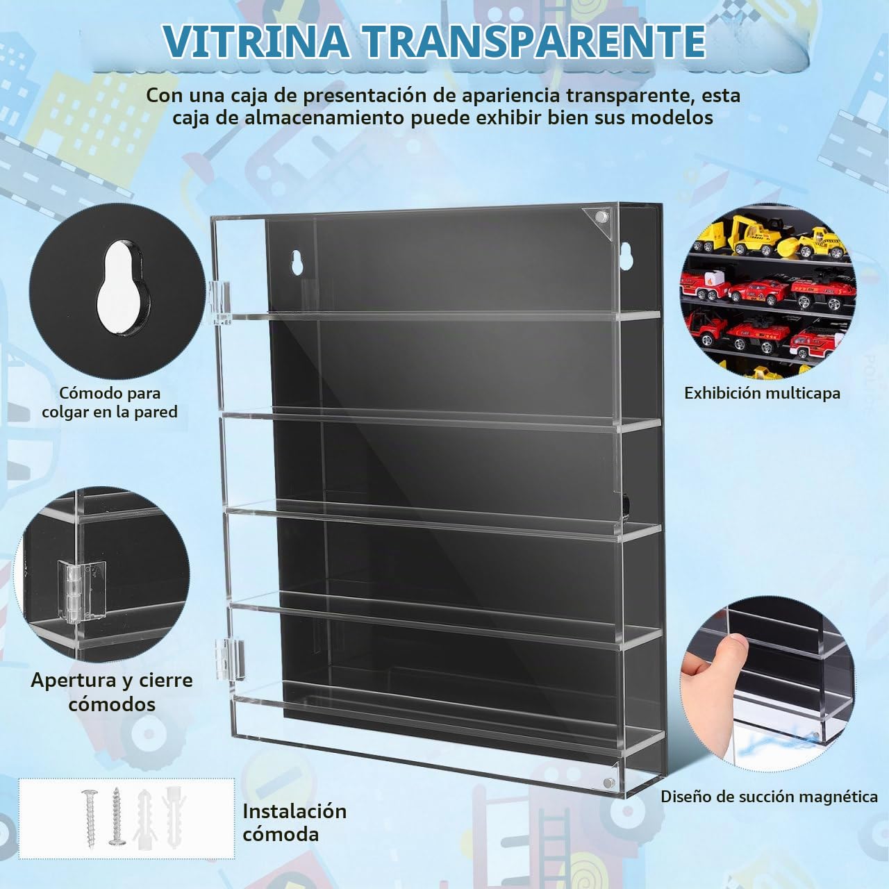 Mikikit Vitrina Acrílica para Coches De Juguete Expositor De Modelos De Coches Caja De Almacenamiento Transparente Multicapa para Pared O Mesa 11.81X10.23X1.96in