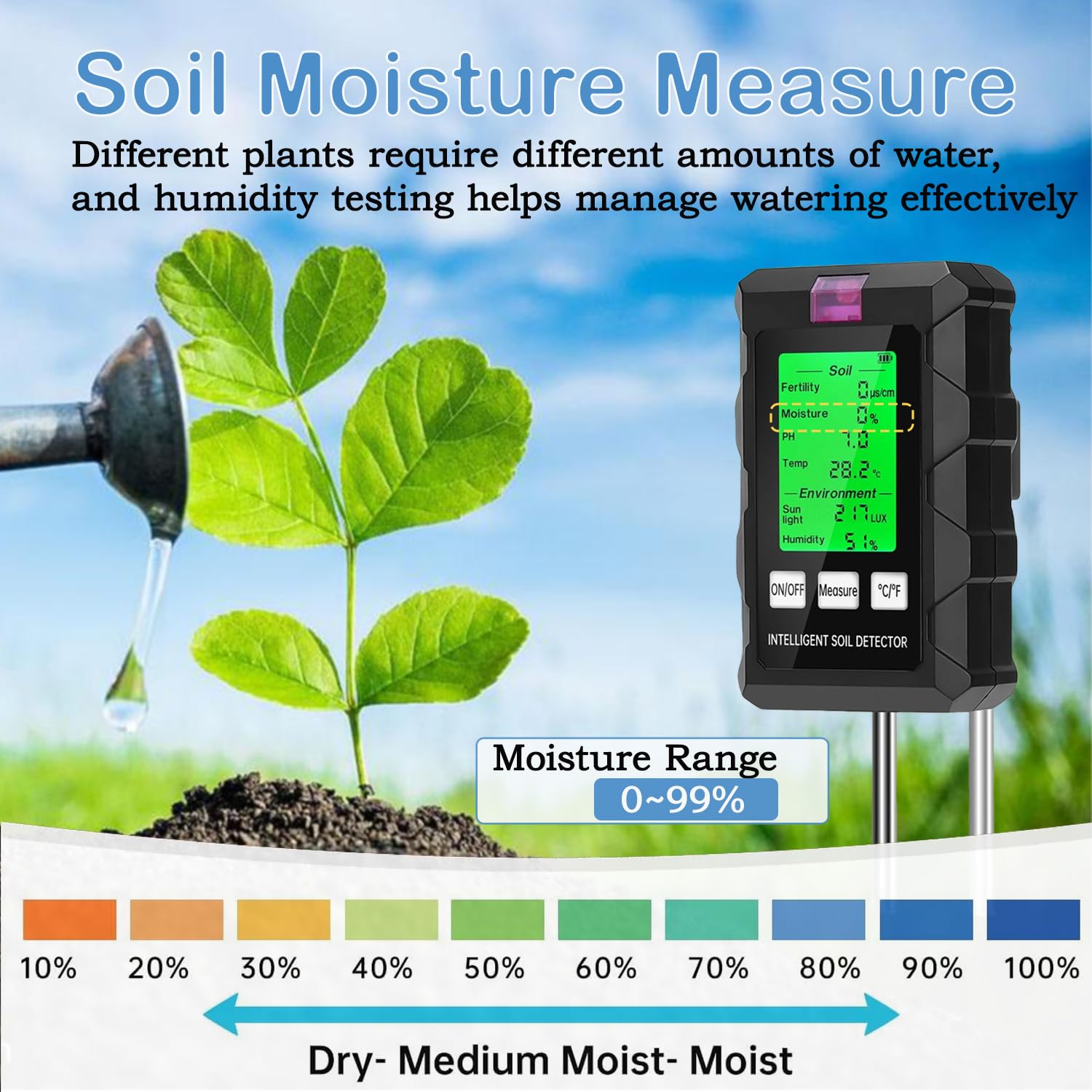 Testeur d'humidité du Sol，Testeur Sol 6 en 1，Hygrometre Plante avec pH Humidité Fertilité du Sol Lumière du Soleil Détection de Température Testeur Humidité Plante， Adapté au Jardinage et Aux Plantes