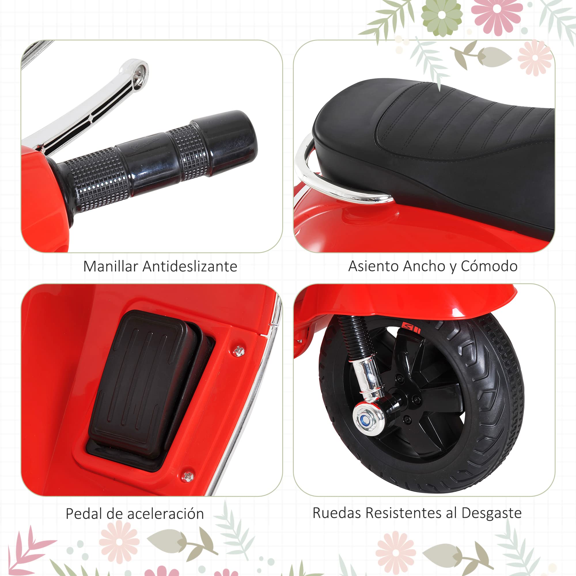 HOMCOM Moto Eléctrica para Niños 3-6 Años Vespa Batería Música 2-3 km/h Bocina Rojo