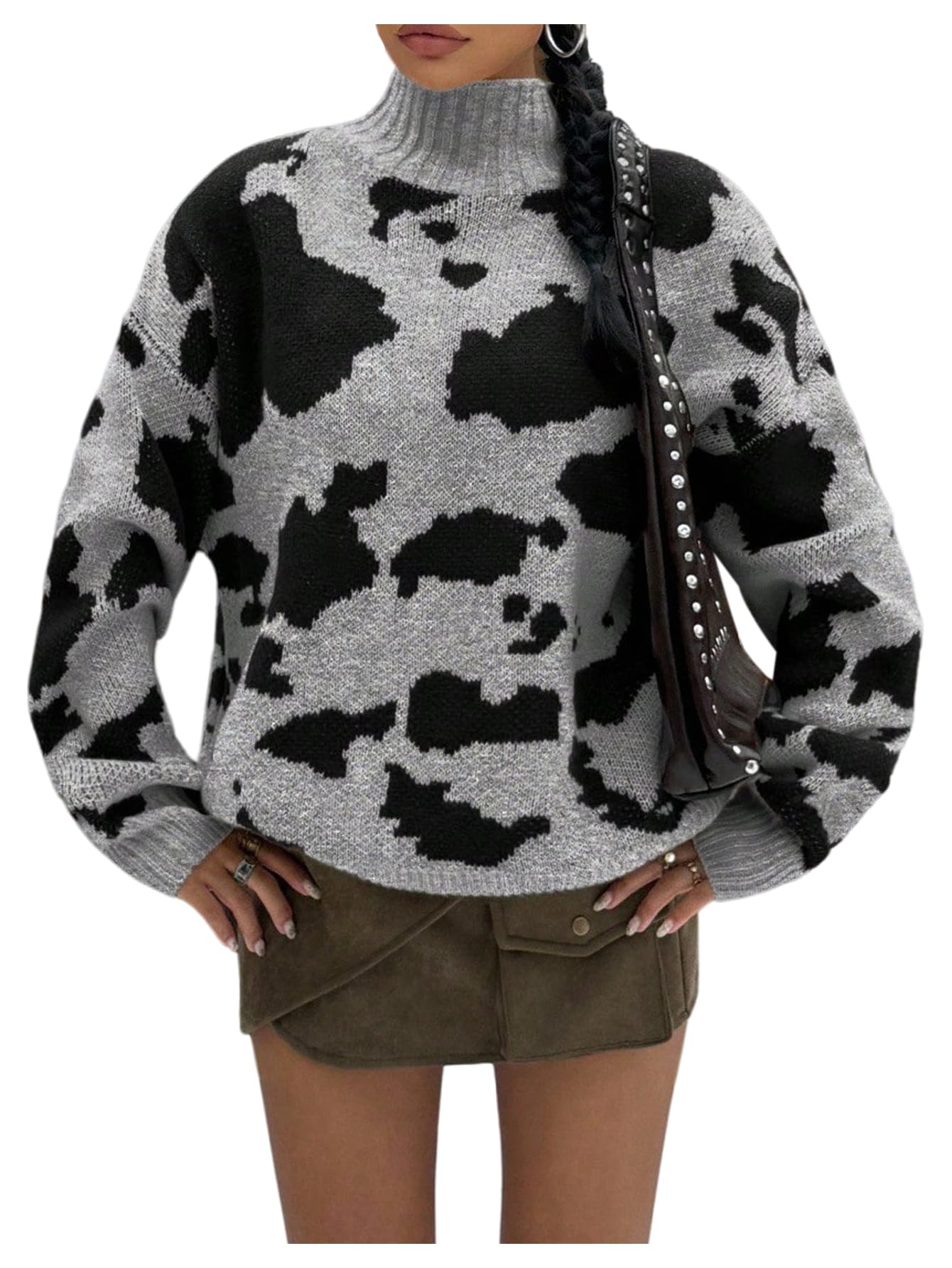 SweatyRocks Womens Y2K Oversized Sweaters Turtleneck Long Sleeve Cow Graphic Knit Pullover Sweaters