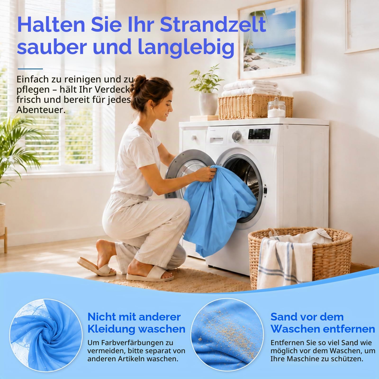 Strandzelt mit Strandmatte, LSF 50+ Hochschutz, 3x3x2m, Himmelblau | inkl. Sandanker, Alu-Stangen & Tragetasche, Perfekt für Camping, Angeln, Garten, Picknick und Strand