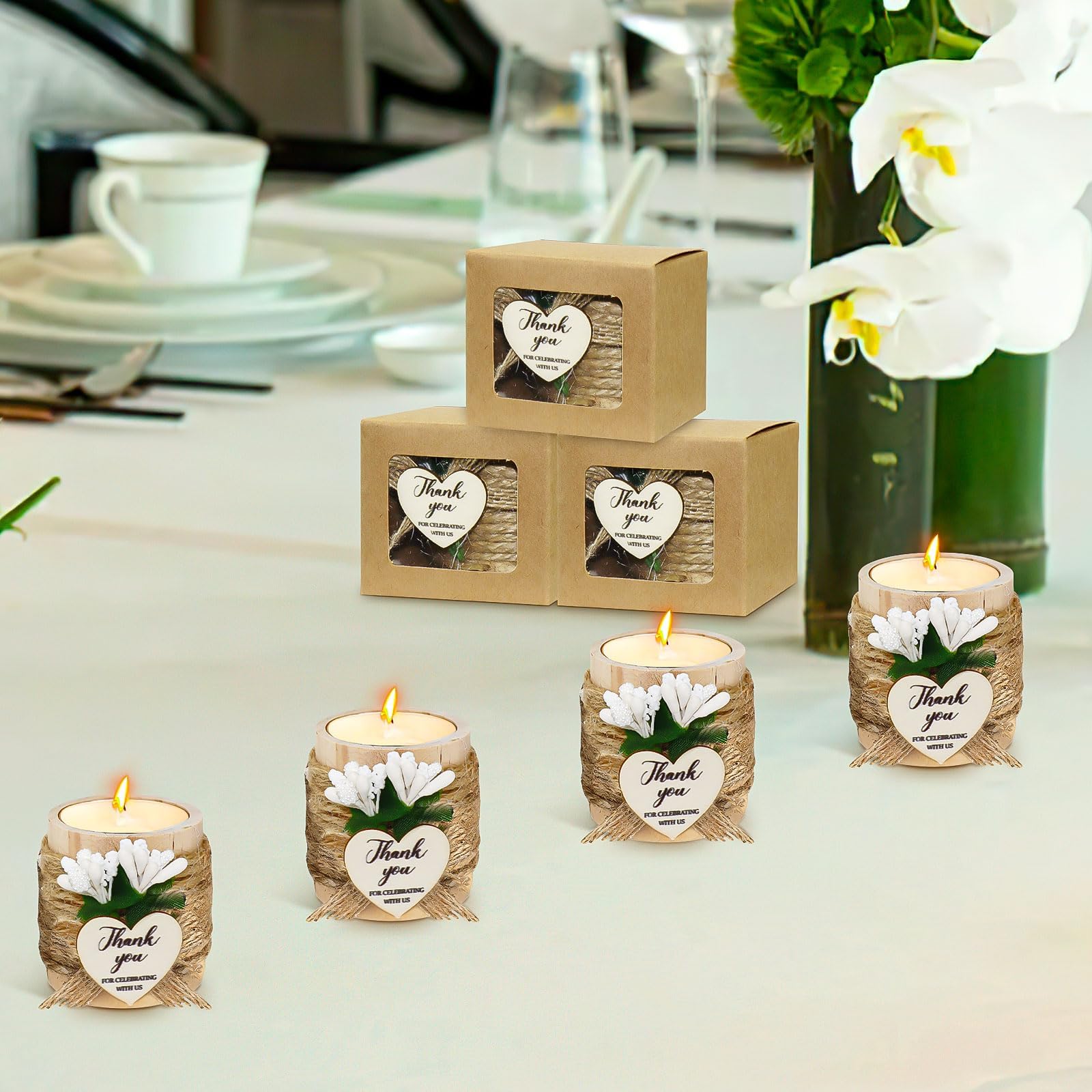 16 Sets Cadeau Invité Baptême et Mariage, Bougeoir en Bois avec Fleurs Artificielles et Boîte Cadeau, Photophore en Bois Décoratif pour Centre de Table, Communion, Anniversaire, Gender Reveal